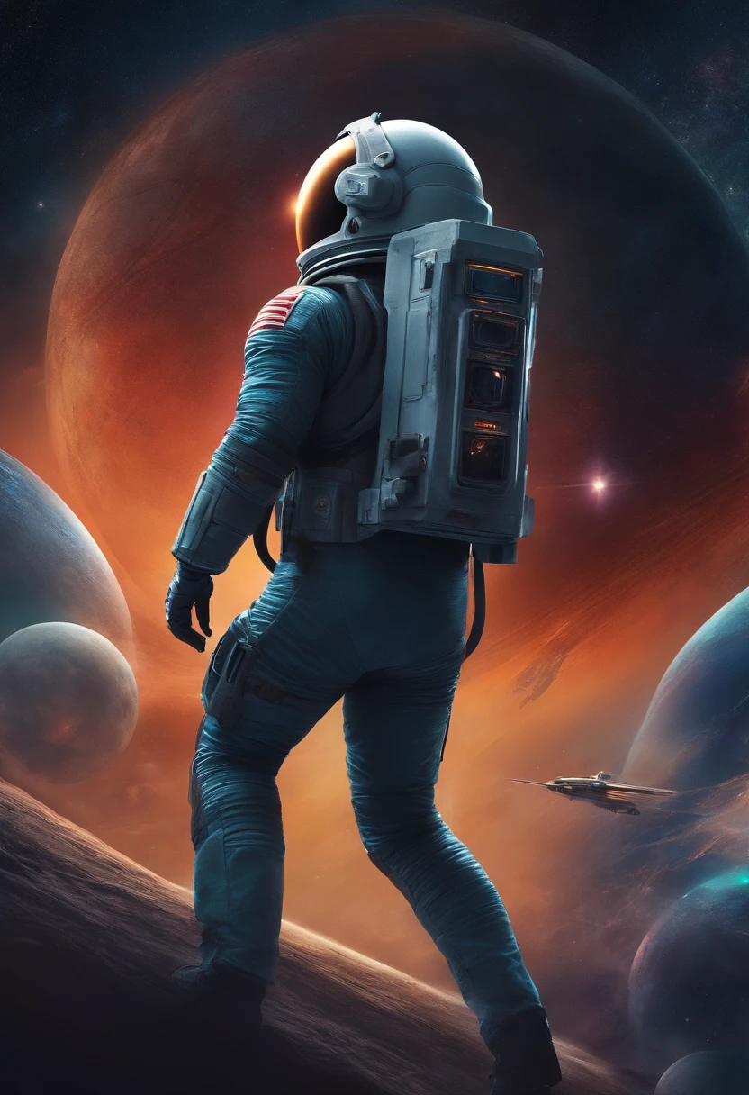 um homem com um capacete espacial e um fundo espacial, estilo ludico, pintura digital