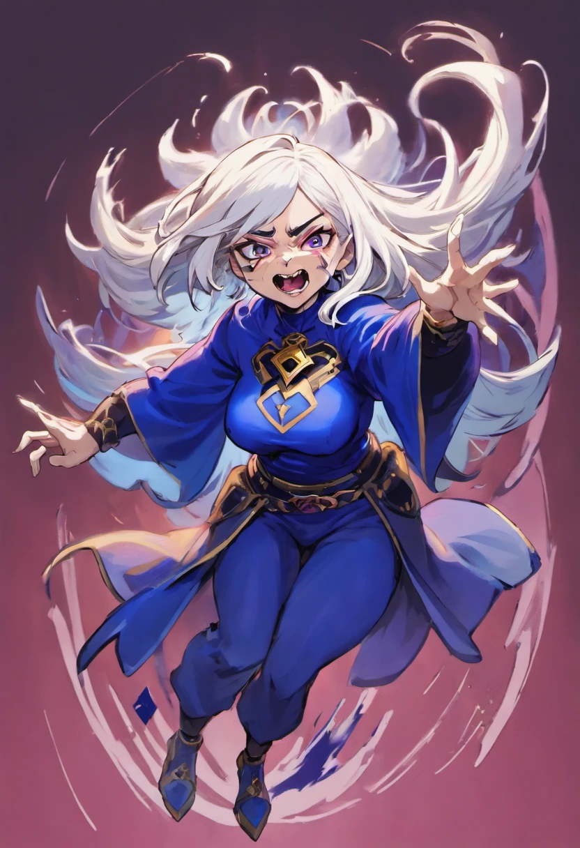 uma bruxa de 79 anos, with long white hair down to the feet, An evil laugh and royal blue clothes, com corvos em volta dela