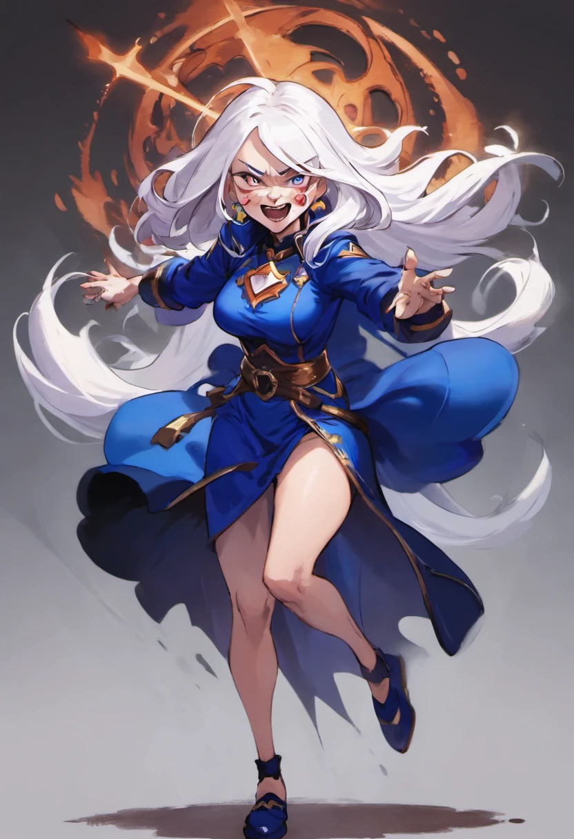 uma bruxa de 79 anos, with long white hair down to the feet, An evil laugh and royal blue clothes, com corvos em volta dela