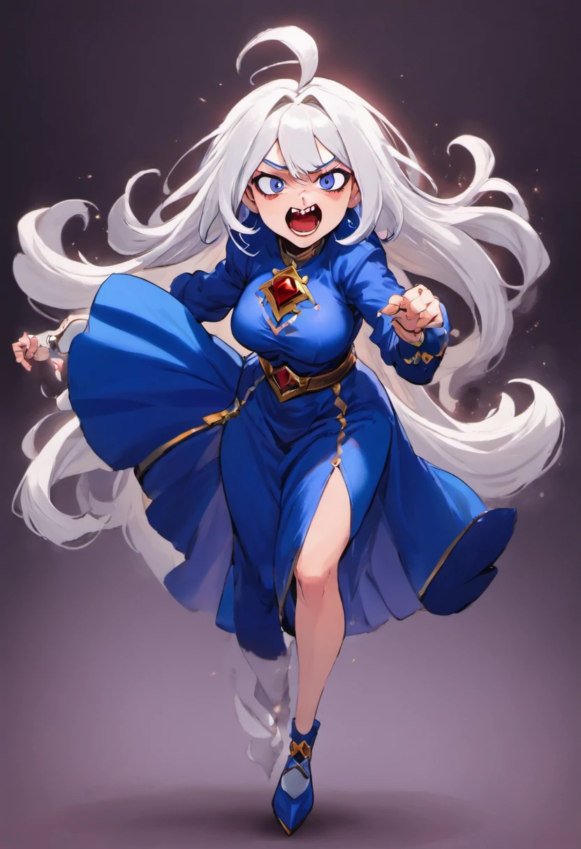 uma bruxa de 79 anos, with long white hair down to the feet, An evil laugh and royal blue clothes, com corvos em volta dela