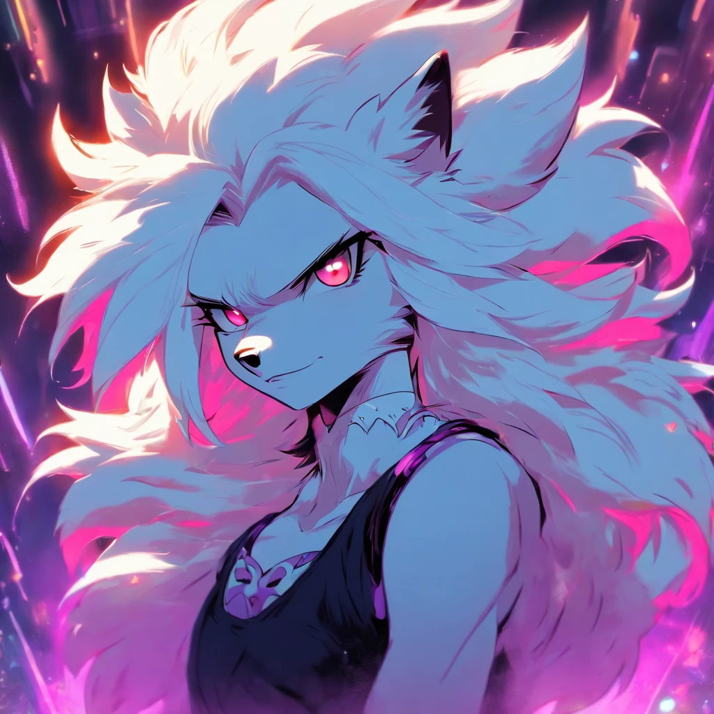 An anthropomorphic furry white female wolf, humanoid, cute snout, long white hair, white fluffy body, white wolf tail, white wolf ears, purple eyes, wearing black shorts, black tank top, black boots