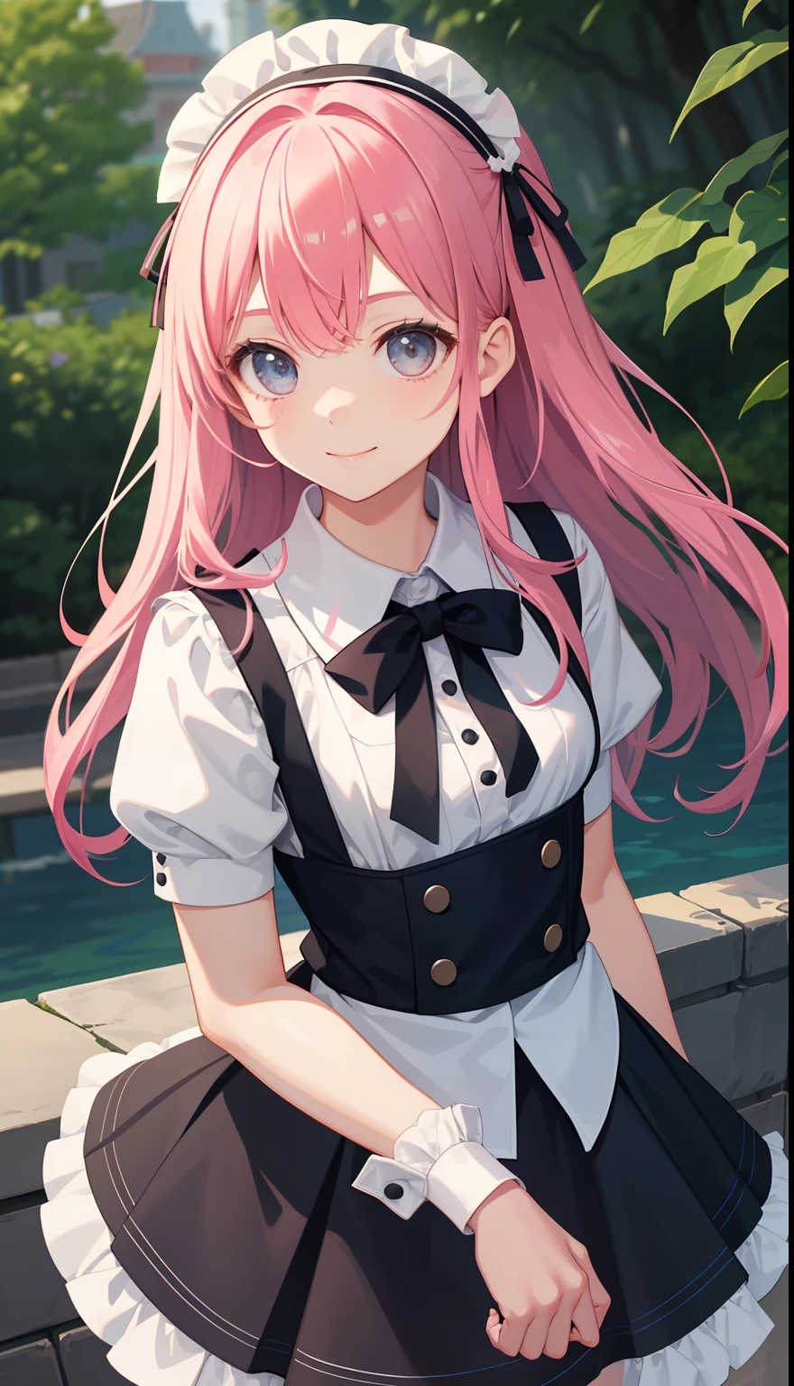 1girl in、AS-Adult、A smile、The shirt、skirt by the、(small tits)、doress、pinafore、hair adornments、(Maids)、Upper body portrait、Dynamism、