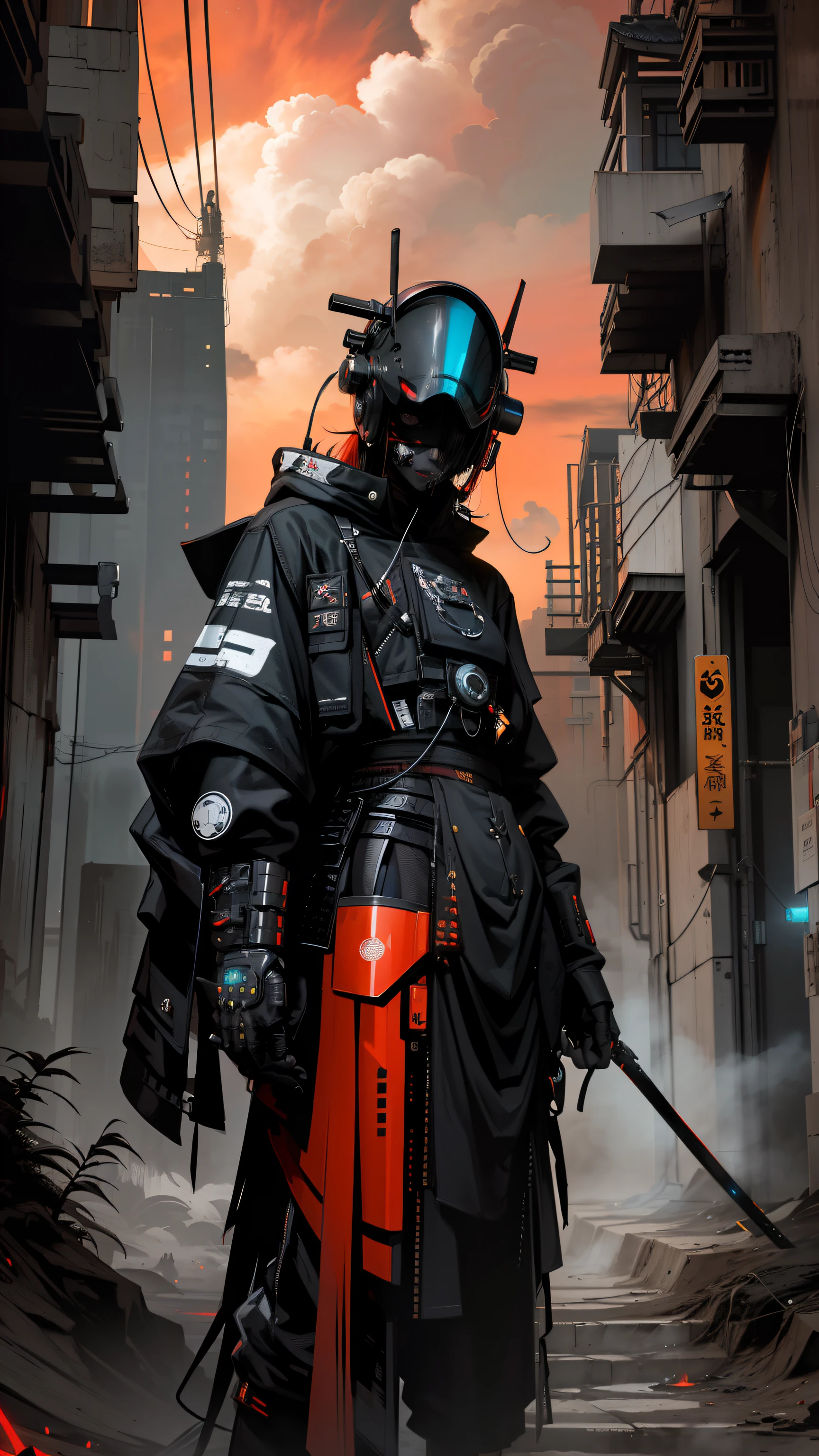 derpd, A deadly geisha cyborg assassin in a hooded tang costume & Maihime, Futuristic ski sunglasses, dangers, Red-yellow sky, Post-apocalyptic art, Neon horror, Sci-fi, glitchcore, CGSesociety, Modern European ink painting, androgyne, mixed media, dystopian art, Black and neon cosmic art, Simulating horror, Come on nightmare, Spacepunk, glitchcore, hauntingly beautiful, Beautiful and ominous. World-class female cyborgs,Stunning HD, World-class art, Unique, A modern masterpiece, Exceptional, Exquisite, Dark fantasy, Chinese style art, Thermal type