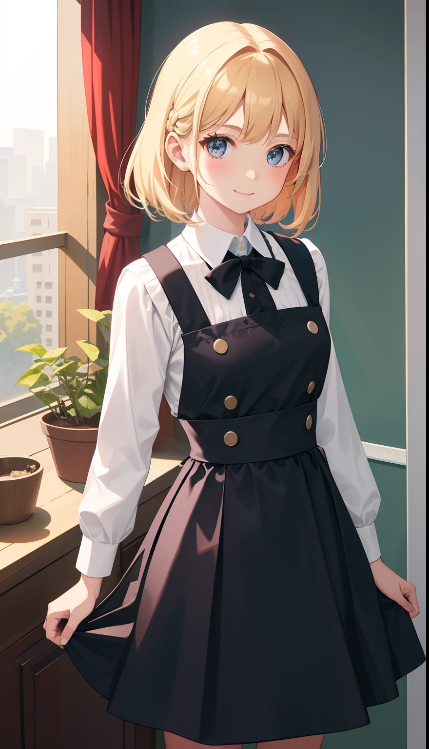 1girl in、AS-Adult、A smile、The shirt、skirt by the、(small tits)、doress、pinafore、hair adornments、(Maids)、Upper body portrait、Dynamism、