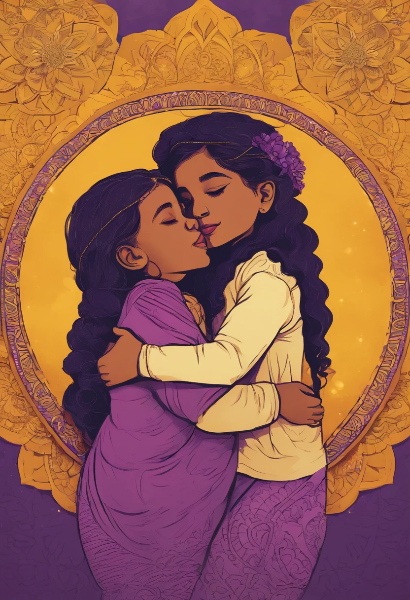 Cartoonish illustration of two  siblings embracing each other with strong yellow and purple colors only and with mandala details scattered across the figure