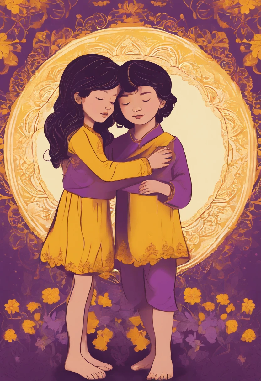 Cartoonish illustration of two child siblings embracing each other with strong yellow and purple colors only and with mandala details scattered across the figure