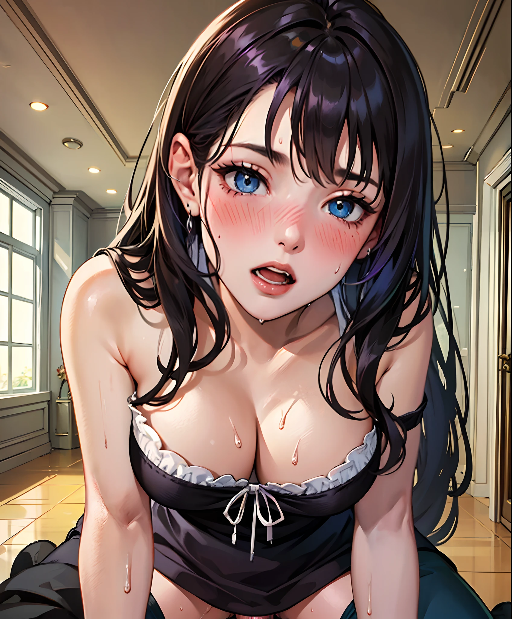 1boy, 1girl, blush, open mouth, breast grab, cowgirl position, girl on top, grabbing, hetero, large breasts, long hair, , , pov, sex, , vaginal, straddling, sweat, black hair, --auto --s2