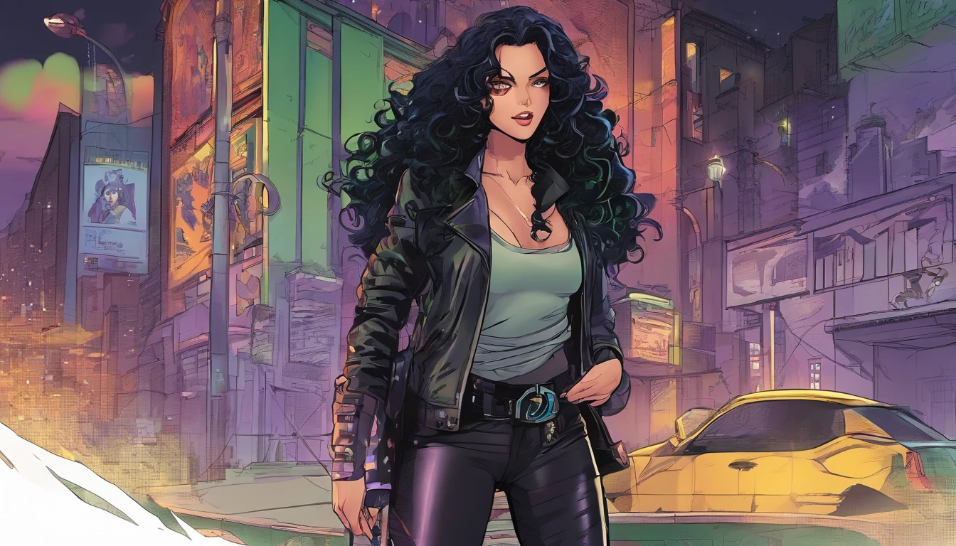 anime style,very beautiful, sexy woman, long curly black hair, dark greenish eyes, wearing a black bodice with strings in the front, black leather tight pants, black leather jacket, with the background of a gloomy city, vigilante heroine, thunder and lightning purple around town