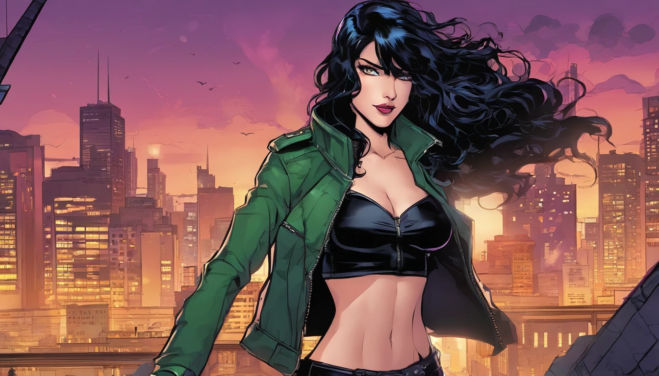 anime style,very beautiful, sexy woman, long curly black hair, dark greenish eyes, wearing a black bodice with strings in the front, black leather tight pants, black leather jacket, with the background of a gloomy city, vigilante heroine, thunder and lightning purple around town