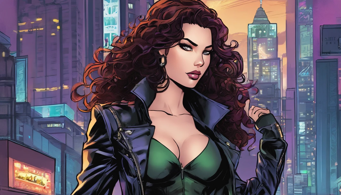 anime style,very beautiful, sexy woman, long curly black hair, dark greenish eyes, wearing a black bodice with strings in the front, black leather tight pants, black leather jacket, with the background of a gloomy city, vigilante heroine, thunder and lightning purple around town