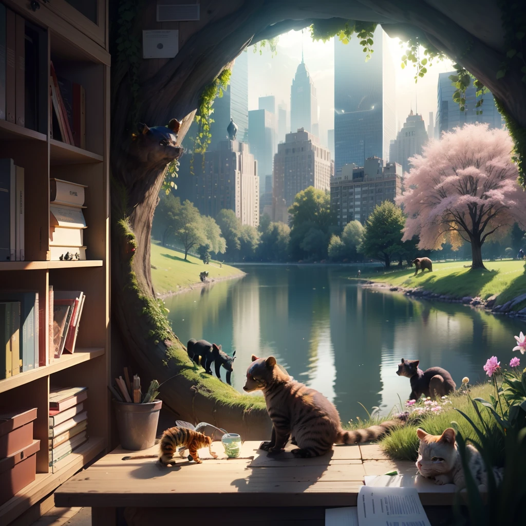 1. The next world after the Titanic sinking, A bee building a city on the Moon 2. A flower inside a hollowed-out tree 3. Two cats and two dogs playing together 4. A naked centipede on my desk 5. A bear eating grass in Central Park --auto --s2
