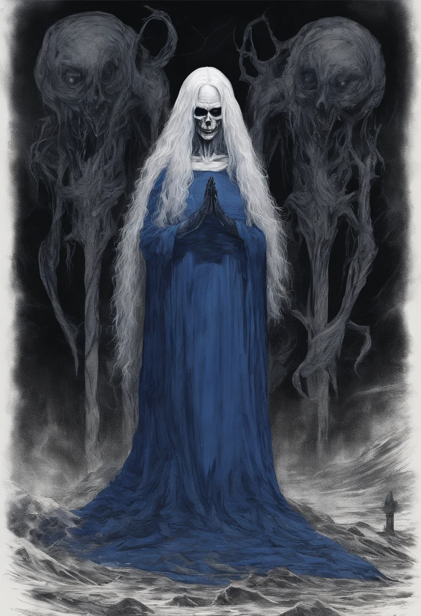 uma bruxa de 79 anos, with long white hair down to the feet, An evil laugh and royal blue clothes, com corvos em volta dela
