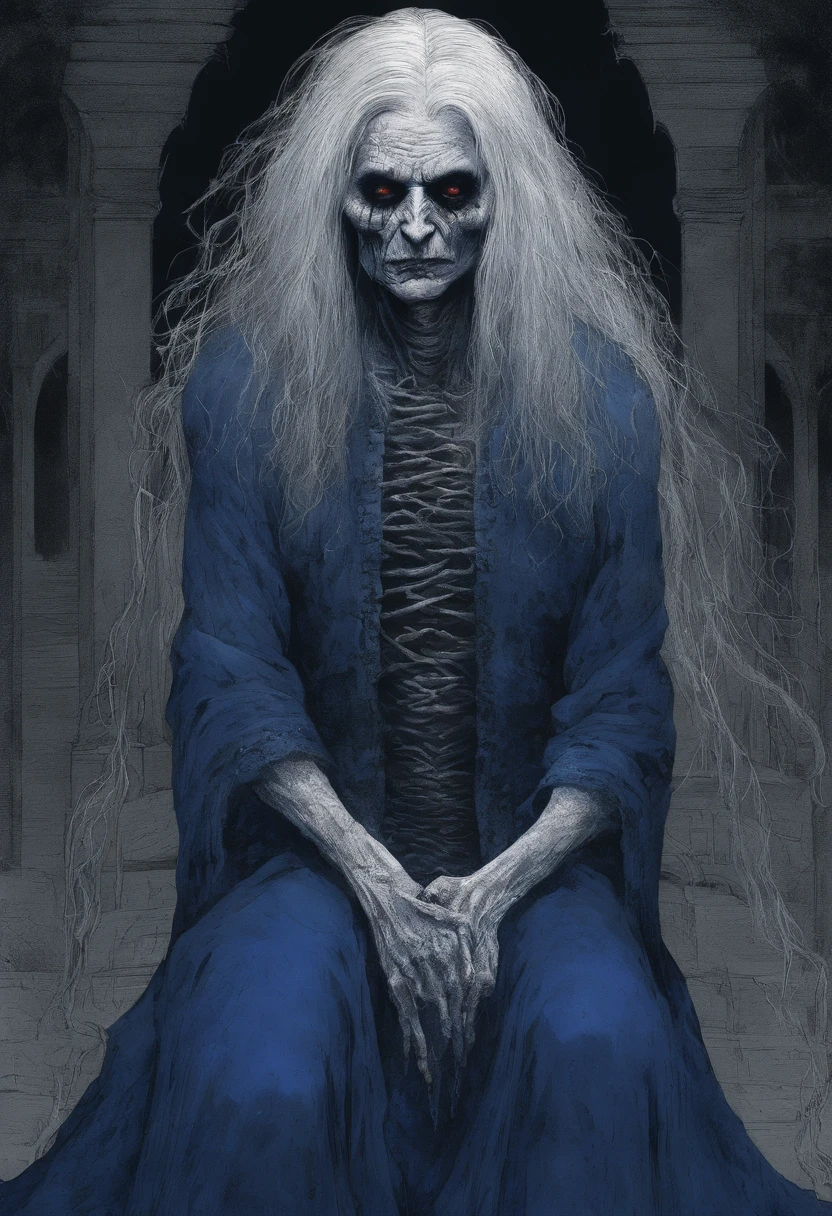 uma bruxa de 79 anos, with long white hair down to the feet, An evil laugh and royal blue clothes, com corvos em volta dela