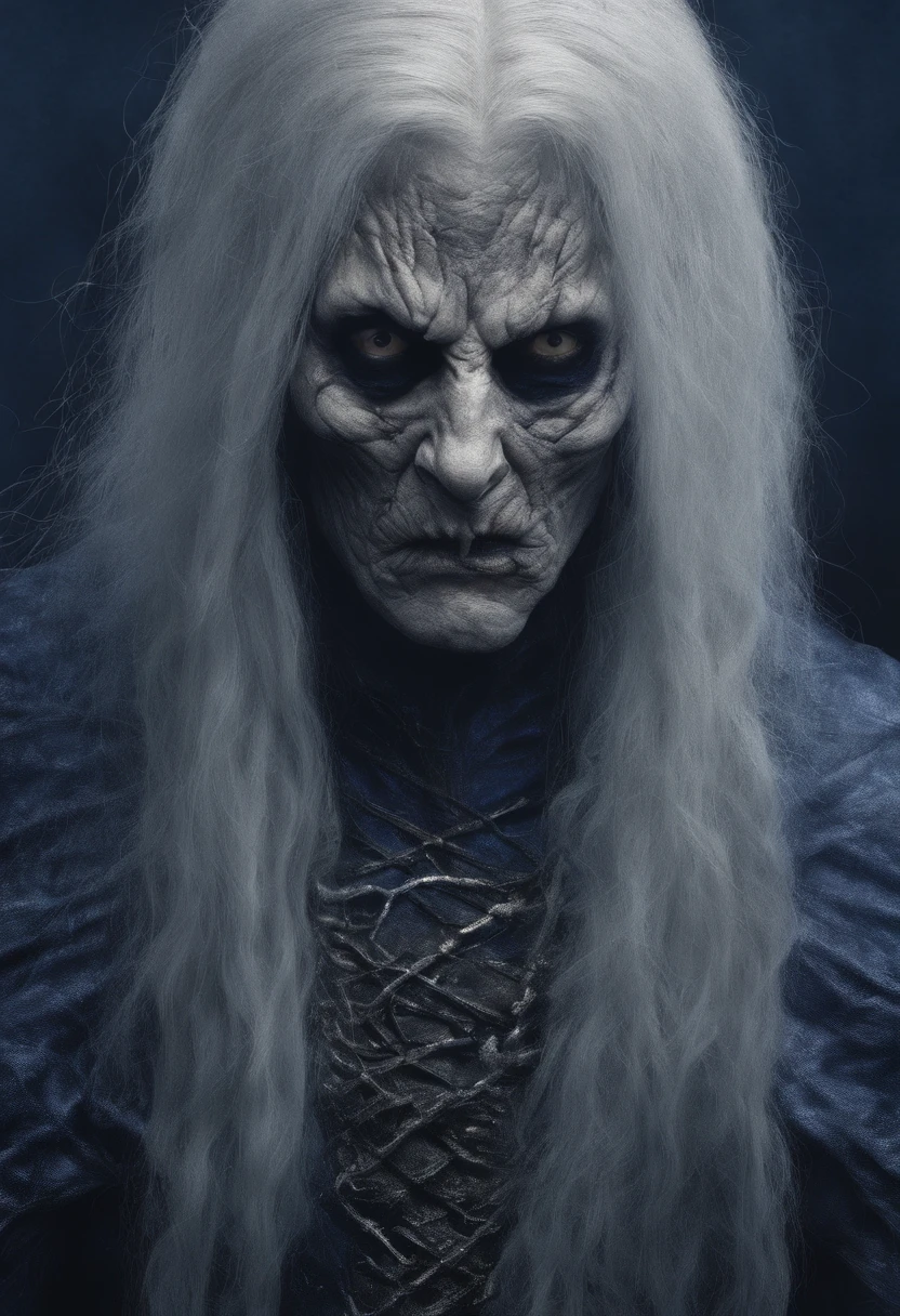 uma bruxa de 79 anos, with long white hair down to the feet, An evil laugh and royal blue clothes, com corvos em volta dela