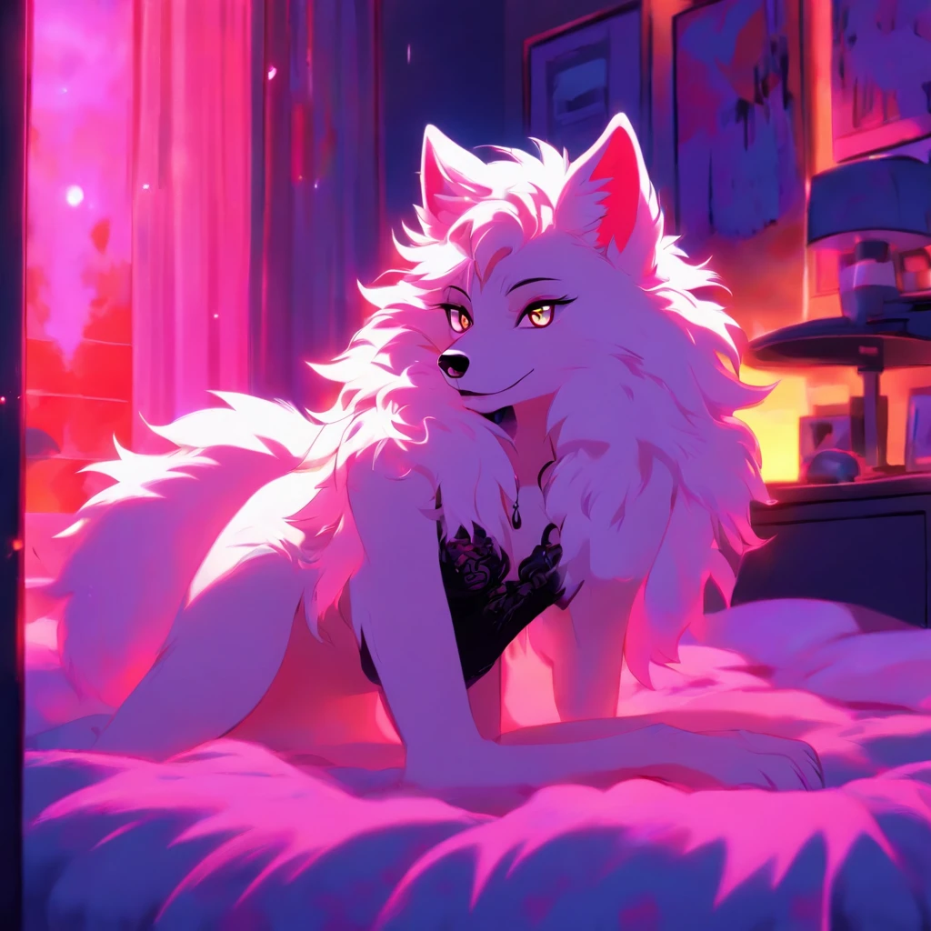 An anthropomorphic furry white female wolf, humanoid, cute snout, long white hair, white fluffy body, white wolf tail, white wolf ears, purple eyes, wearing black lingerie, digitigrade feet, 4 toes, full body shot, in a bedroom