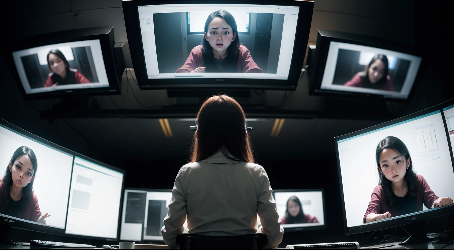 woman in front of several monitors and her whole life spending on each monitor