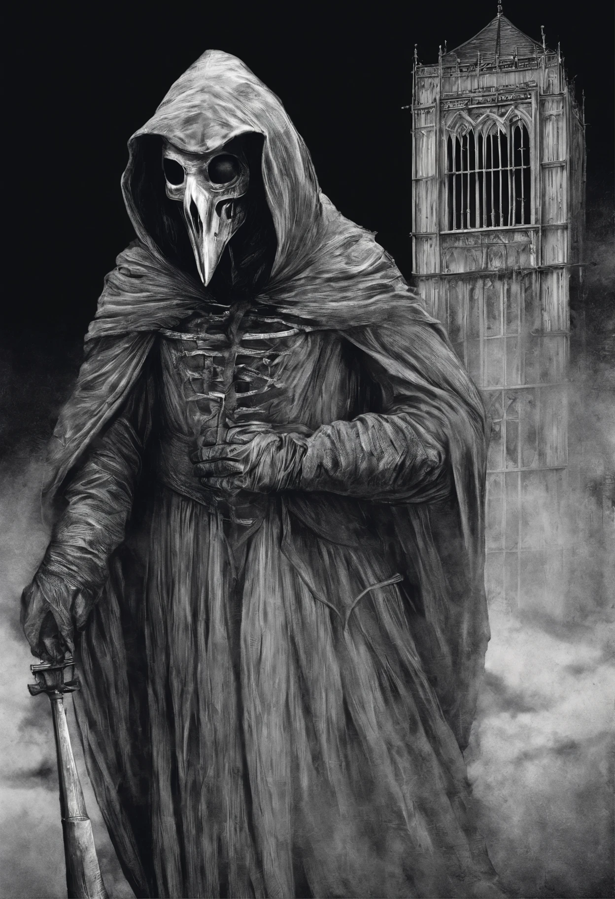 A doctor from the time of the scary plague with medieval clothes and the classic mask of the time with the pointed beak.