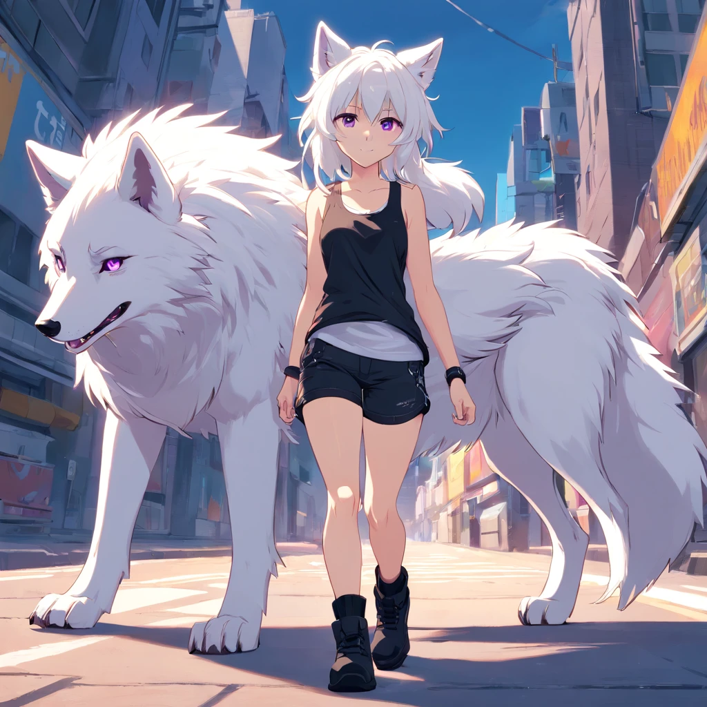 An anthropomorphic furry white female wolf, humanoid, cute snout, long white hair, white fluffy body, white wolf tail, white wolf ears, purple eyes, wearing black shorts, black tank top, black boots