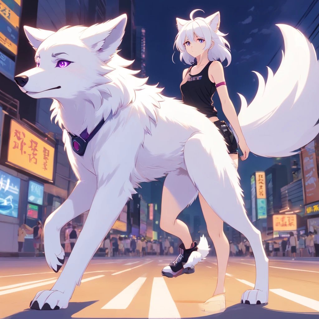 An anthropomorphic furry white female wolf, humanoid, cute snout, long white hair, white fluffy body, white wolf tail, white wolf ears, purple eyes, wearing black shorts, black tank top, black boots