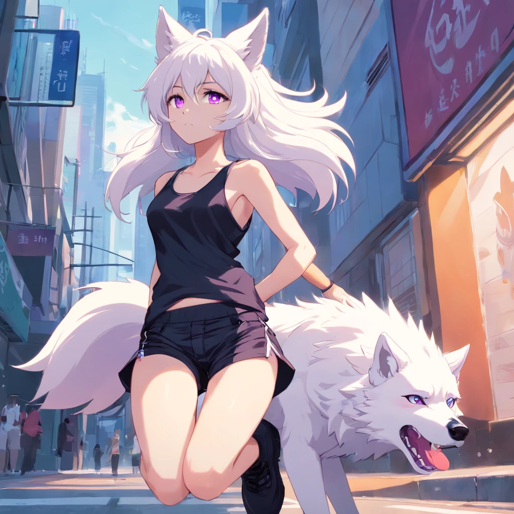 An anthropomorphic furry white female wolf, humanoid, cute snout, long white hair, white fluffy body, white wolf tail, white wolf ears, purple eyes, wearing black shorts, black tank top, black boots