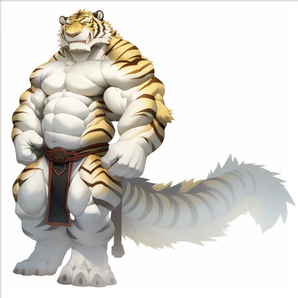 There is a painting,One is big,Big stature, Muscular semi-saber-toothed tiger,White fur, The head of a saber-toothed tiger, The tusks of a saber-toothed tiger, Tiger ears, Yellow eyes, strong fat bacchanalian body, The tail is like a cloud, Nine tails, Muscular!!, detailed full-body concept, full body commission for, fur-clad barbarian goliath, big titan creature in the center, Muscular!!!, Chinese monster, Anime style, Depth of field, projected inset, three sided view, Anatomically correct, Super detail