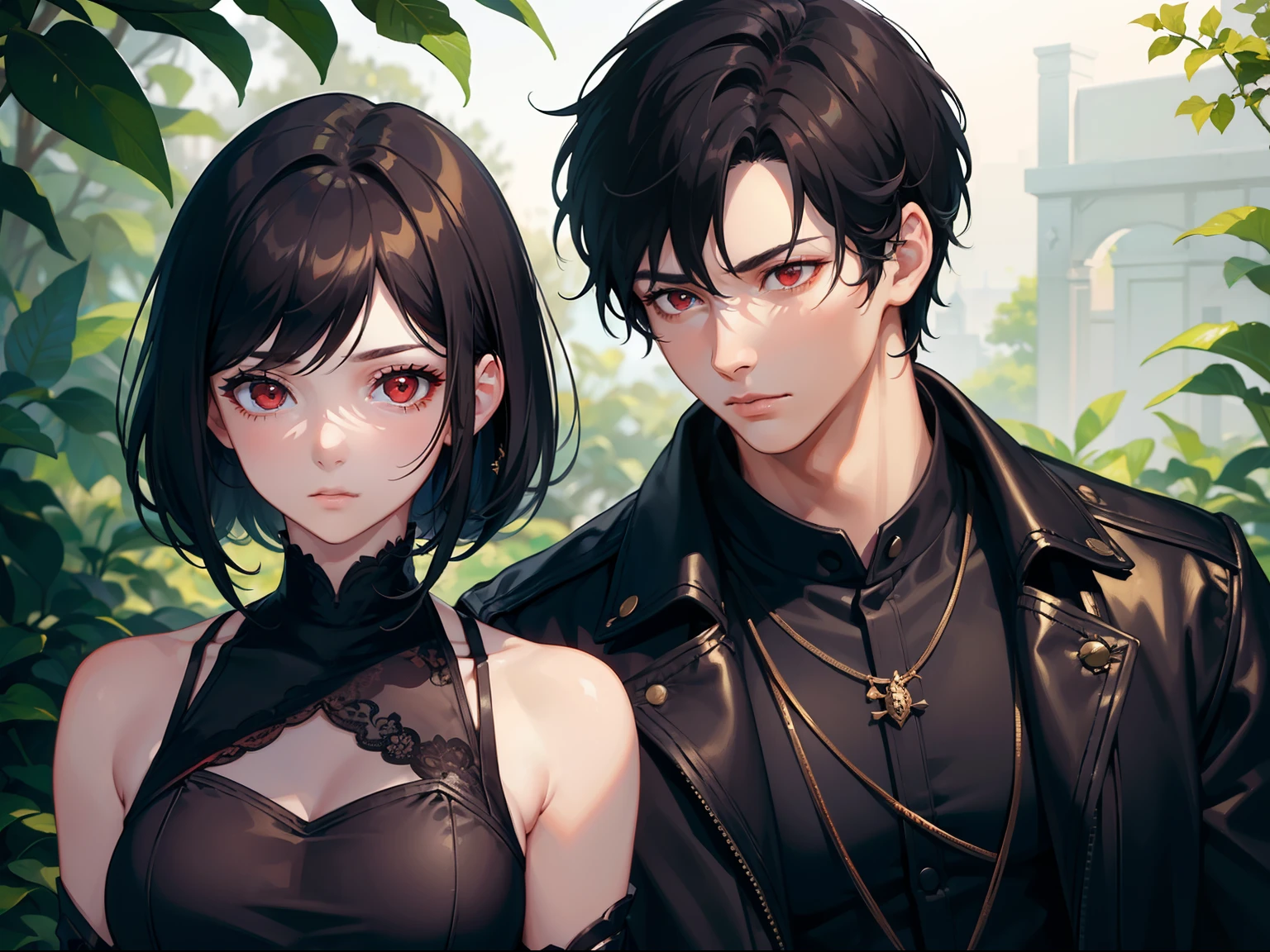 ((Boy and girl)),,1girl, beautiful girl, (black hair, Street Hairstyle) , (Red eyes), realistic eyes, beautiful and sharp eyes), masculine clothing, Hip hop clothing, medium breasts,1boy, beautiful boy, (short black hair, street Hairstyle) , ((Red eyes)), realistic eyes, beautiful and sharp eyes), masculine clothing, Hip hop clothing, muscles,(8k wallpaper), (Botanical Garden wallpaper), 8k, high quilty, realistic, beautiful realistic, Cool details, raw photo, realistic clothing, realistic hair, realistic eyes, Light and cool lighting, photo realistic, Cel shaded, Gel lighting, ultra details