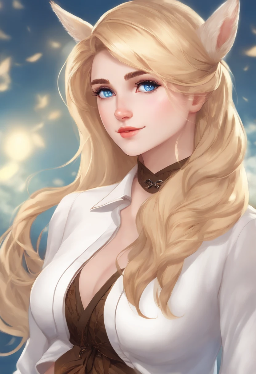 1girl, blonde hair, pointy ears, blue eyes, clothes lift, solo, hair ornament, hairclip, long hair, shirt lift, braid, looking at viewer, lips, lifted by self, horse, upper body, navel, day,white shirt,