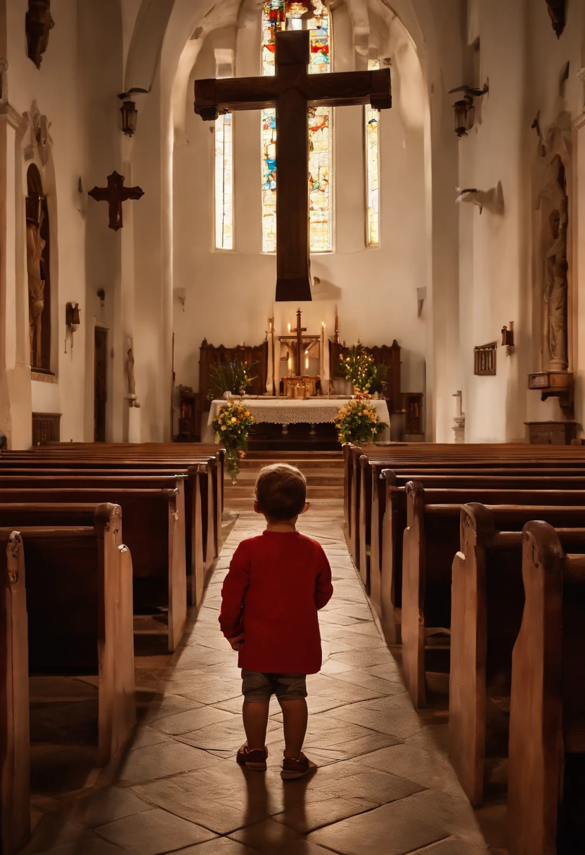 Describe an ultra-realistic image of a child on his back, ajoelhada em frente a uma cruz dentro de uma igreja ao anoitecer. Detail the soft and diffuse lighting that enters through the windows of the church, highlighting architectural details and creating subtle shadows in the environment. The child should be wearing traditional church clothes, with his head tilted slightly down in a gesture of reverence. Mention the texture of the wooden benches around the child and the intricate details of the cross. Enfatize a paz e a serenidade que envolvem a cena, conveying a sense of spiritual connection and devotion.