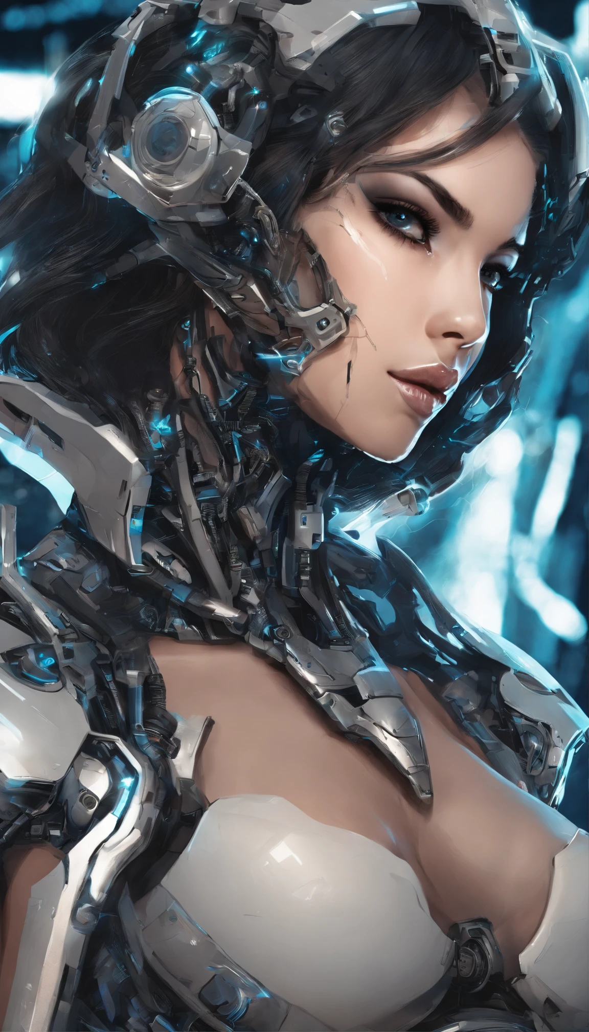 Beautiful cyborg warrior woman in rusty magic style, aumento cyberpunk, Cyber Software, ciborgue, fibras de carbono, cromar, Implantes, metal skull, Cyber Plate Armadura, (atmosfera escura:1.2), (nevoeiro & smoke billowing), (It's dark night:1.3), As cicatrizes, (medium length shaggy dark hair:1.1), (sombras para os olhos:1.1), (brilho lindamente detalhado:1.2), (Cinematic lighting), detalhes intrincados, A high resolution, olhos arredondados, detailed facial features, foco nítido, liso, aesthetic, Fundo escuro detalhado da planta industrial, pose estilosa, dynamicposes, (dramapaint)