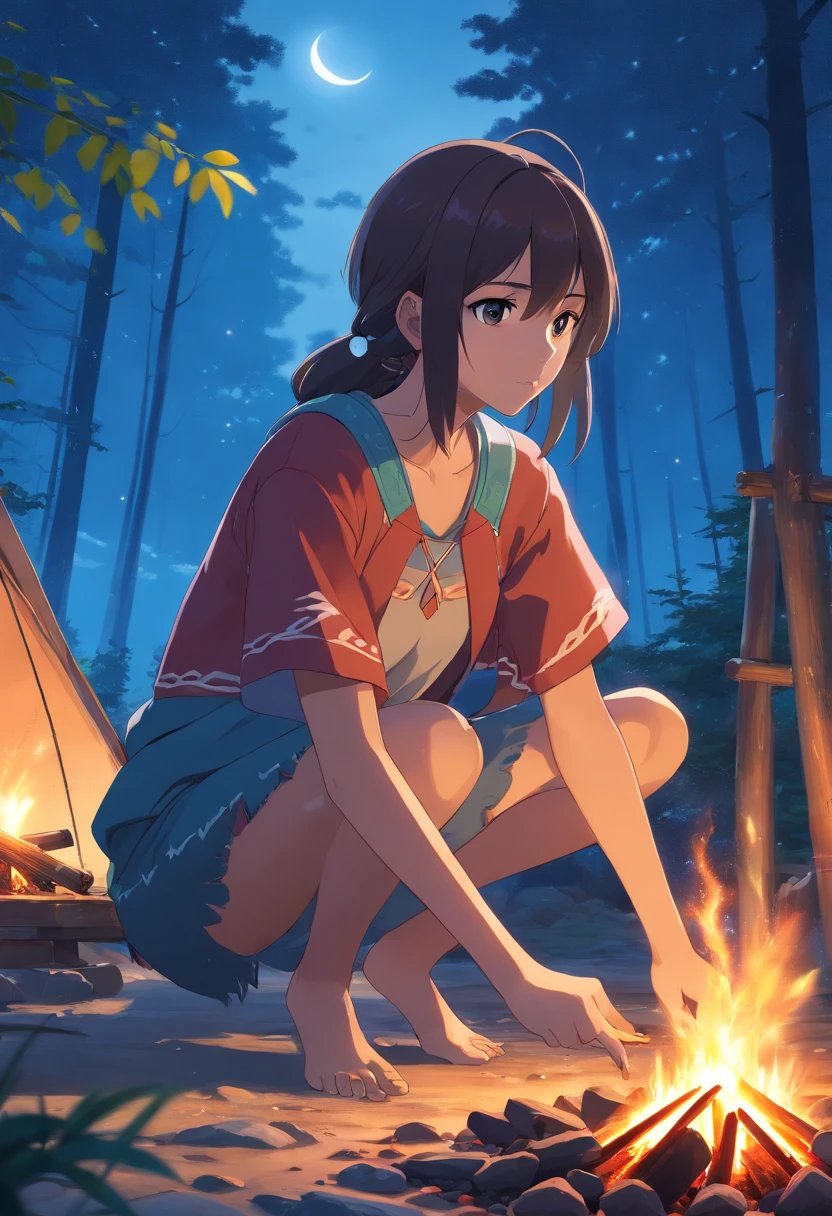 ultra detailed artistic photography, Native American beautiful Apache female, tee pee, moonlight, fire pit, feathers, sexy, dreamy, glowing, backlit, shadows, oil on canvas, smooth, ultra high definition, 8k, ultra sharp focus, intricate artwork masterpiece, flowy outfit, highly detailed, vibrant, production cinematic character render, ultra high quality model