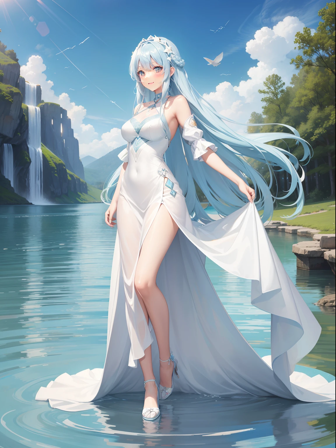 Pretty girl　Light blue long hair　a smile　White long dress　On the lake　starrysky　full body Esbian　Face Highlights