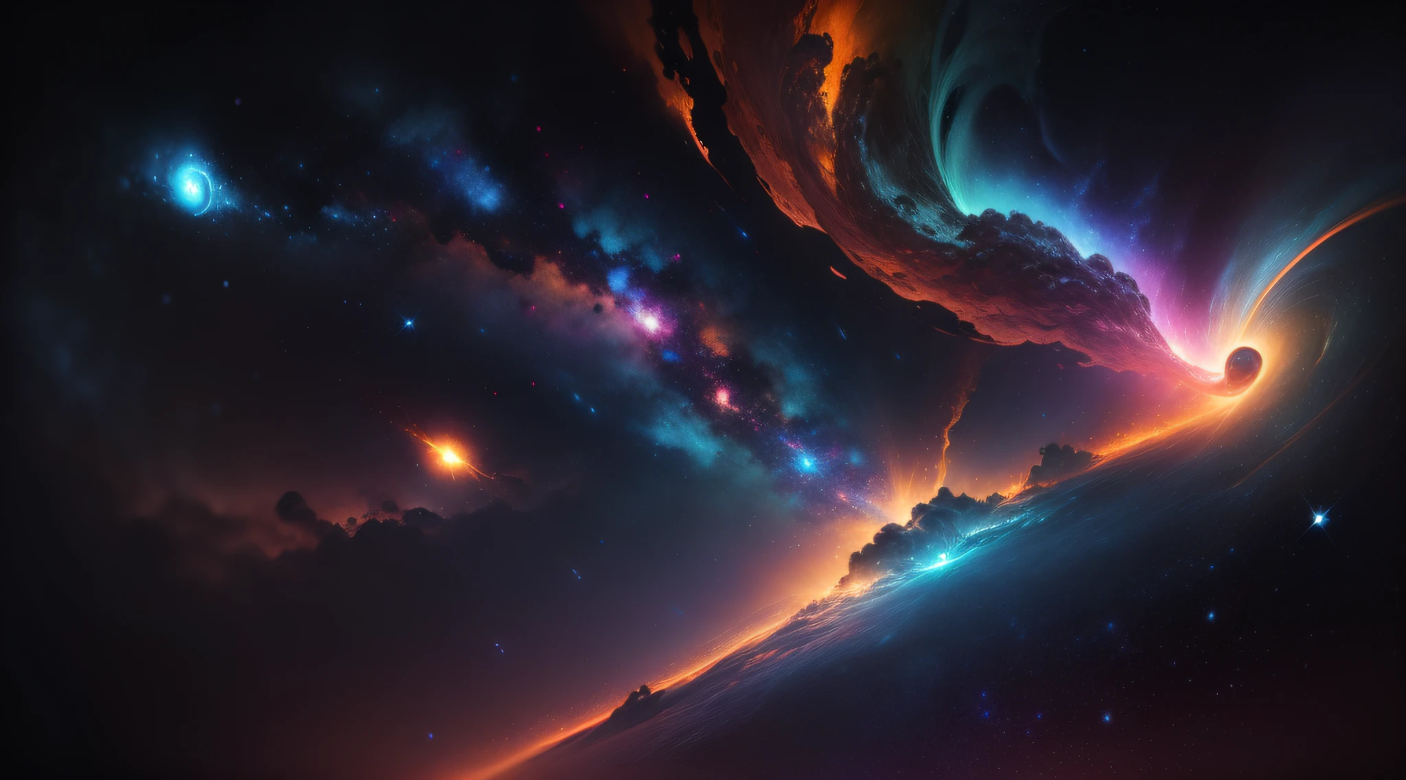 milky ways，Nebulosa Azul, roxa, vermelha, laranja，neblina nebulosa，brilho dourado，beautiful cosmic neural network，arte digital muito bonita, Arte digital altamente detalhada em 4k, magical energy gently, dreamlike art, Estilo Intrincado Ornamentado CGI Anime