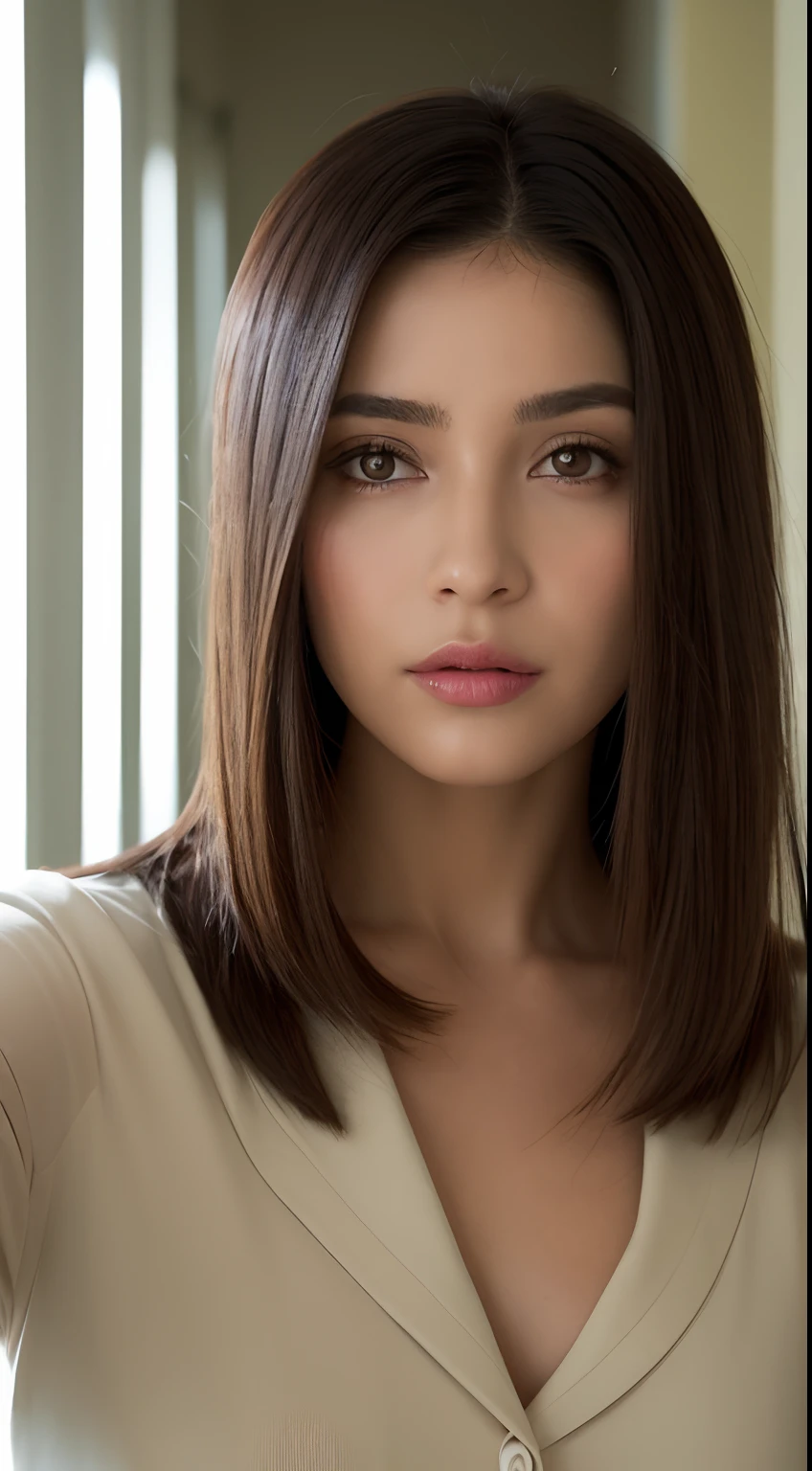 Tipo de foto: Mujer de negocios, (ultra realista), (obra maestra), (La mejor calidad:1.1) modelo & Funciones: Attractive female with physical features similar to Lana Rhoades, piel clara con bronceado sutil, cabello largo y oscuro, Atractivo con dientes claros perfectoos, Subtly highlighted collarbone, EDAD: 21. ojos: Sutilmente verde. nariz refinada. Frente: perfecto, Sin contratiempos, 4 dedos de largo. Tipo de cuerpo: semi Fitness y curvilíneo. Medidas corporales (muy importante; 100 cm pechos -25 cm cintura-102 cm caderas: 1.2). Altura: 1.68 cm. (It is essential that the model has the physical measurements mentioned above..). cabello: cabello largo y oscuro. ropa: Ropa profesional y provocativa. Pose y postura: Selfie, Postura relajada. facial expression: amistoso, alegre. Interaction with the environment: She's in her office. maquillaje: negro sutil. Location: Oficina, Detailed and realistic site design, gente caminando alrededor, people looking at her and chatting, con un fondo borroso, El fondo se difumina suavemente para resaltar el modelo. tiempo/arstation: Morning, verano. Time of day: madrugada. Contexto o actividad: Foto de una mujer de negocios. Technical Details: Margen de seguridad para evitar cortes inadecuados. aesthetic: Mujer de negocios, carismatic, Sympathetic model. Quality: 8k, High resolution, foto emulando captura de fotos con un iPhone 14 Pro Max. Detalles como poros, arrugas, Brillo natural en la piel y el cabello, Fabric texture and logically realistic shadows.