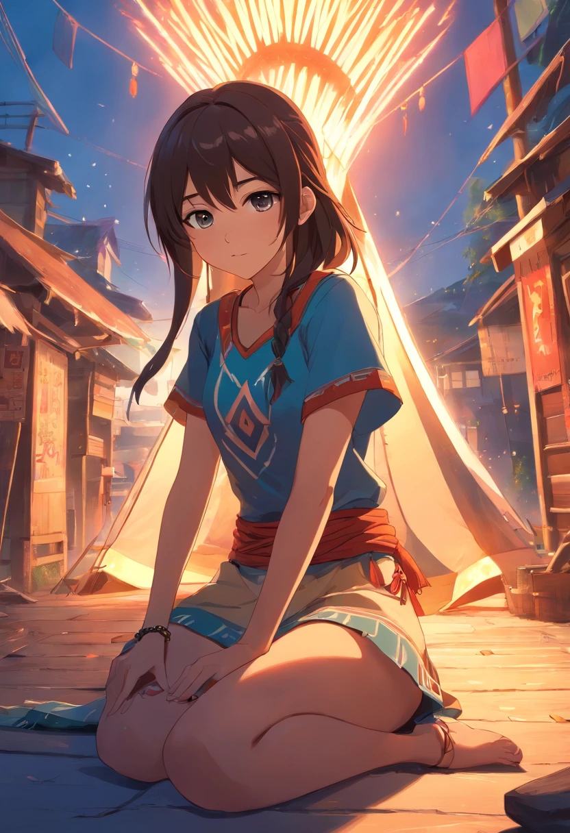 ultra detailed artistic photography, Native American beautiful Apache female, tee pee, sexy, dreamy, glowing, backlit, shadows, oil on canvas, smooth, ultra high definition, 8k, ultra sharp focus, intricate artwork masterpiece, flowy outfit, highly detailed, vibrant, production cinematic character render, ultra high quality model