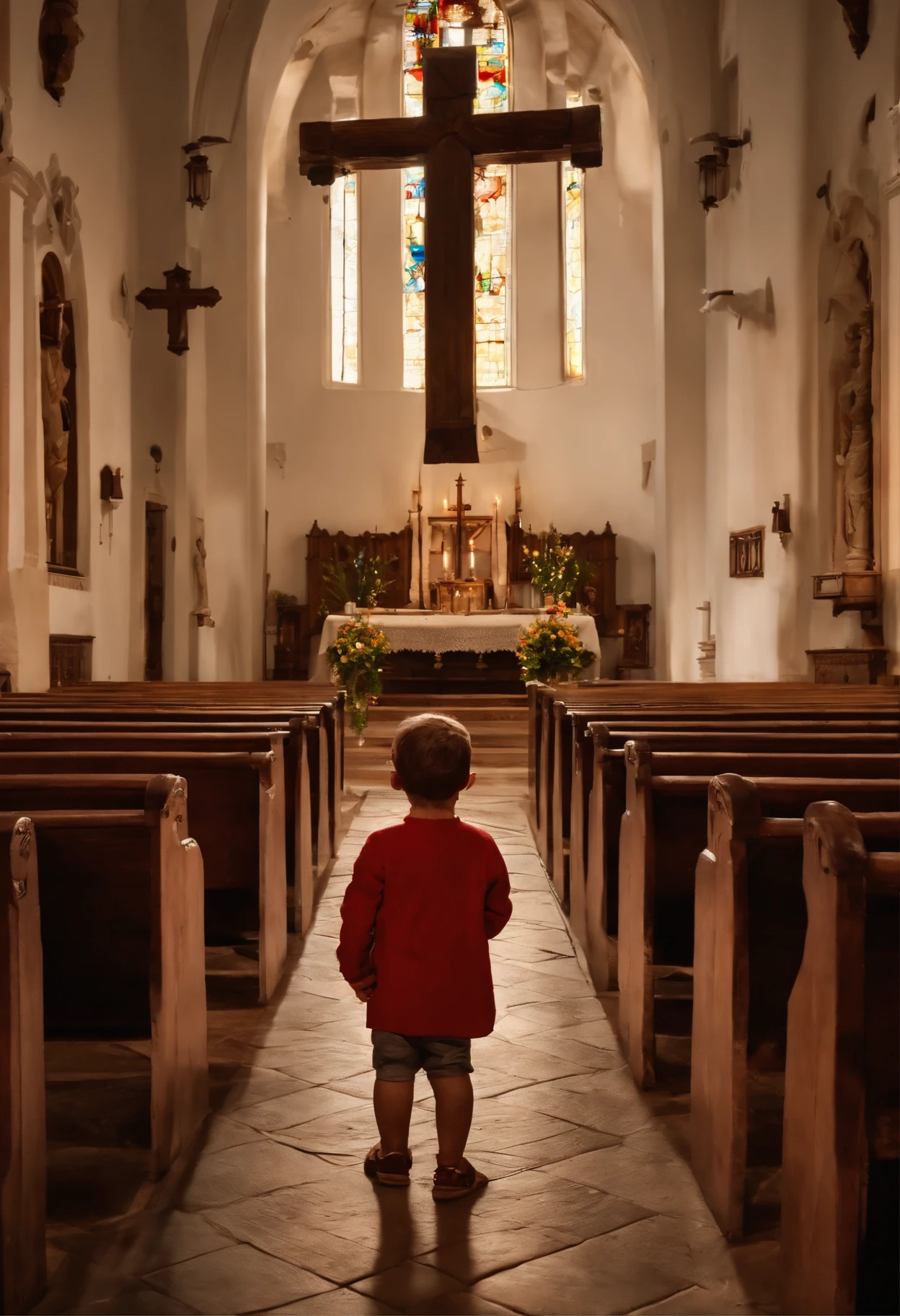 Describe an ultra-realistic image of a child on his back, ajoelhada em frente a uma cruz dentro de uma igreja ao anoitecer. Detail the soft and diffuse lighting that enters through the windows of the church, highlighting architectural details and creating subtle shadows in the environment. The child should be wearing traditional church clothes, with his head tilted slightly down in a gesture of reverence. Mention the texture of the wooden benches around the child and the intricate details of the cross. Enfatize a paz e a serenidade que envolvem a cena, conveying a sense of spiritual connection and devotion.