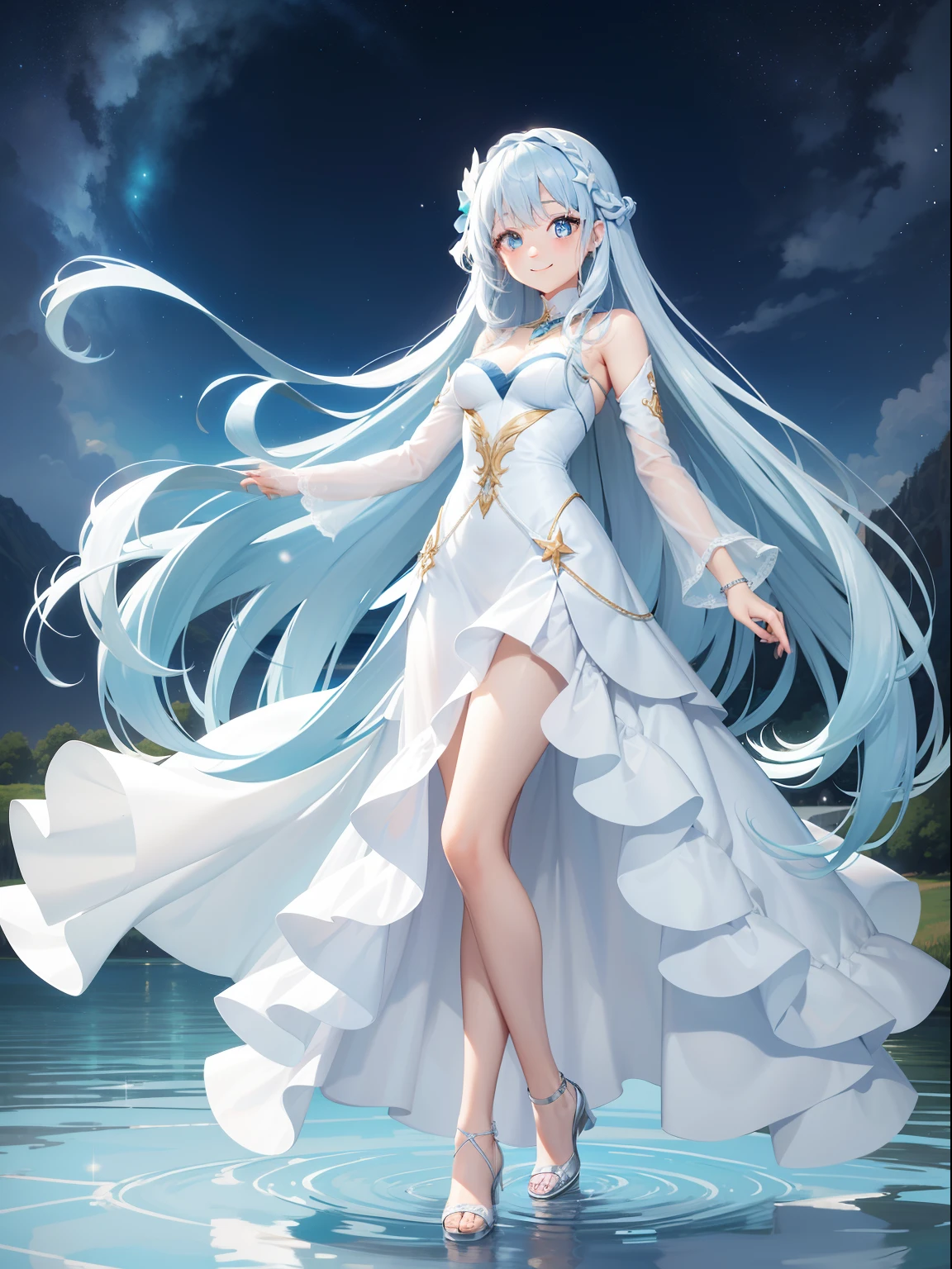 Pretty girl Light blue long hair a smile White long dress On the lake starrysky full body Esbian Face Highlights