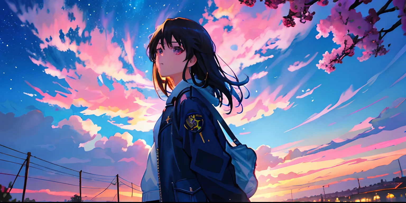 Chica parada en un campo nevado con el cielo al fondo, (((Obra maestra: 1.5, La mejor calidad, High resolution: 1.3, Super resolution, Super detailed, Ultra detallado:1.3, Antecedentes enriquecidos:1.2))), ((Muy lejos)),((Shiina Mahiru, ojos amarillos, cabello flotante, Pelo muy largo, flequillo contundente, Linda horquilla, Recortar arriba, oversized jacket, ombligo, minifalda)), Cosmos Cielo,, Hermosa escena de anime, Makoto Shinkai Cyril Rolando, Anime Art Wallpaper 4K, Anime Art Wallpaper 4K, Anime Cielo, Anime beautiful peaceful countryside, High resolution, cielo rosa, hermosa escena), (universo, Pasando el tren, magic realism, ((Estilo Makoto Shinkai)) ::0.8), [Artistic Atmosphere, ambiance:0.8, cielo estrellado, colinas, Snow Mountain , Agua con gas, Hierba, trees, humo, Estrellas, Low Angle of View, Specular light scattering, Mejora de detalles, Citypop, 80s