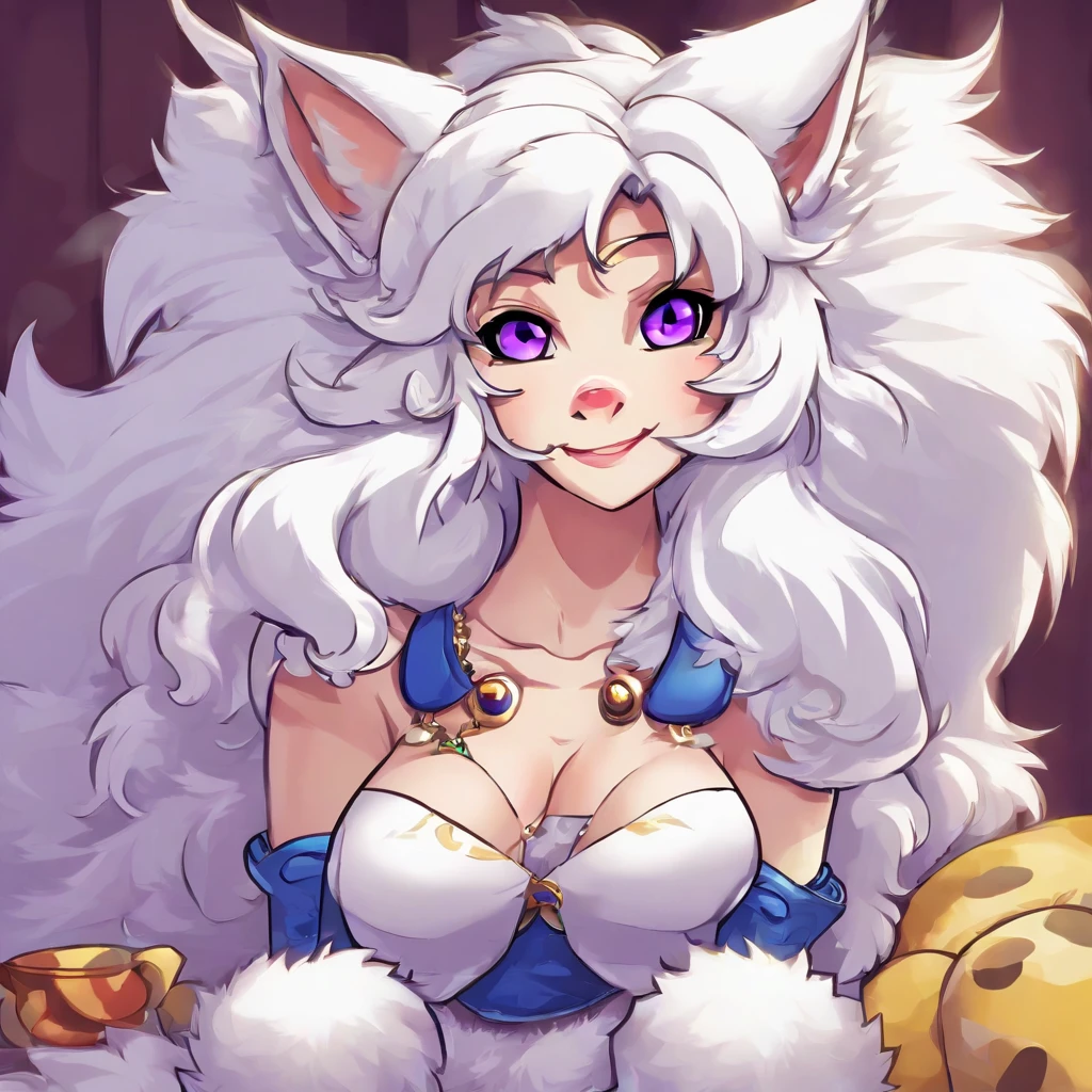 An anthropomorphic furry white female wolf, humanoid, cute snout, long white hair, white fluffy body, white wolf tail, white wolf ears, purple eyes, wearing black lingerie, digitigrade feet, 4 toes, full body shot, in a bedroom