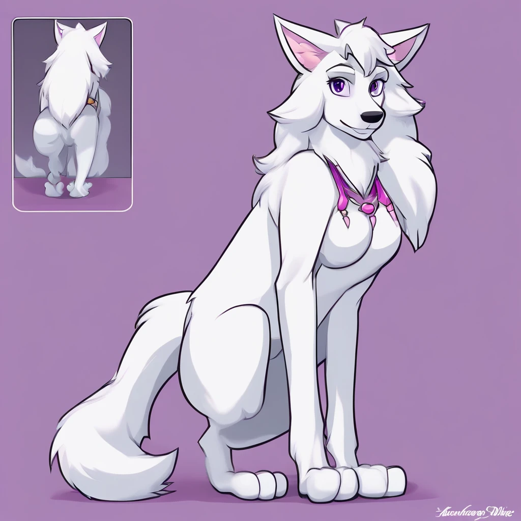 An anthropomorphic furry white female wolf, humanoid, cute snout, long white hair, white fluffy body, white wolf tail, white wolf ears, purple eyes, wearing black lingerie, digitigrade feet, 4 toes, full body shot, in a bedroom