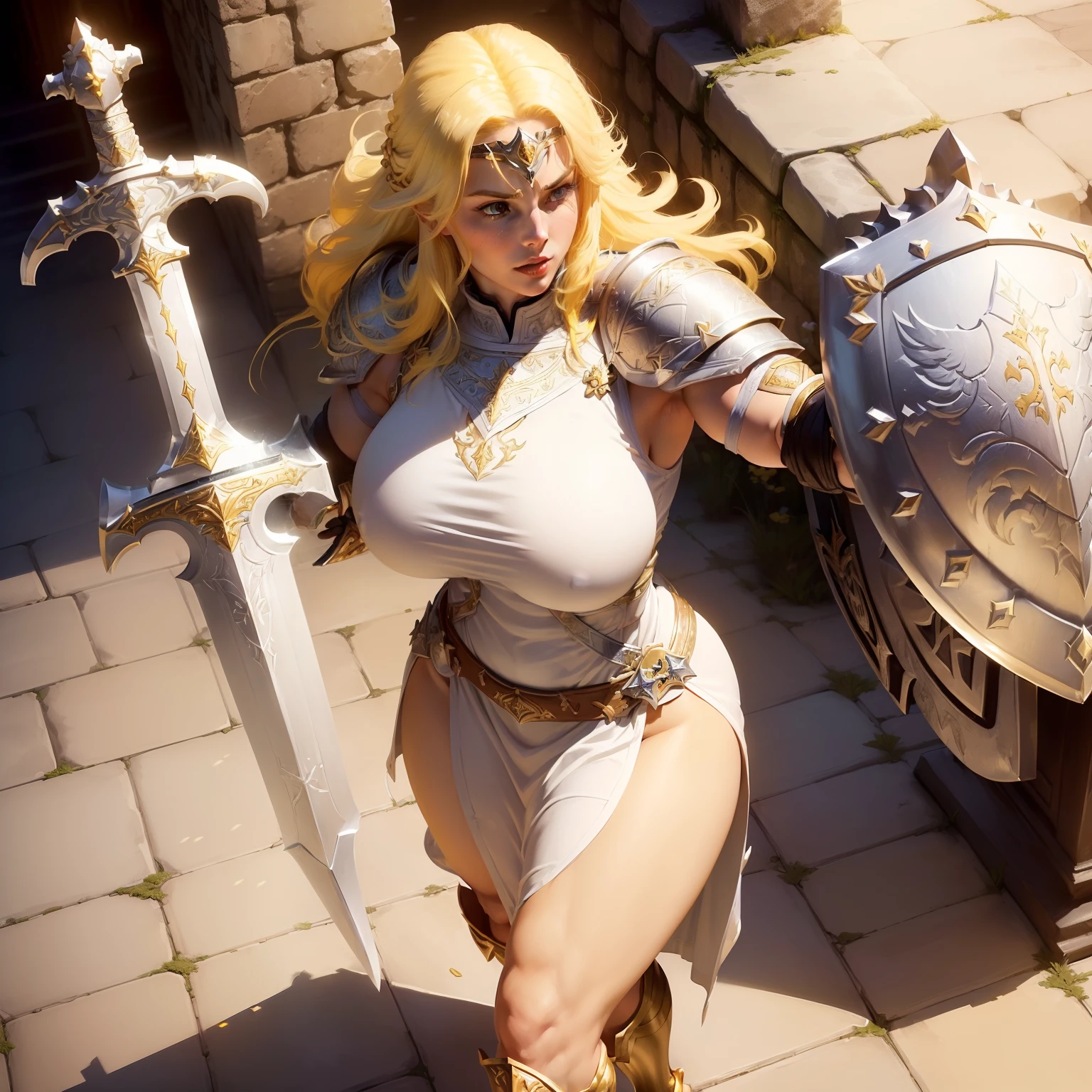 Sexy blond medieval girl with huge boobs and huge butt, using white clothes with cleavage