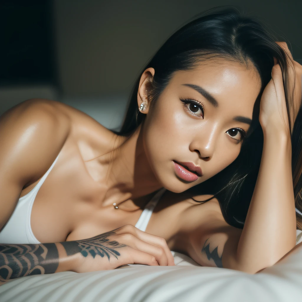 best quality, masterpiece, highres, ((1girl)), Beautiful face, photorealistic, 8k, UHD, long hair, ((beautiful arm tattoos)), muscular, ((toned abs)), sweat, Asian, female, dark skin, cleavage, (high detailed skin:1.2), 8k uhd, dslr, high quality, candid, Photograph, high resolution, 4k, 8k, sexy lingerie, laying on her side, on a bed,