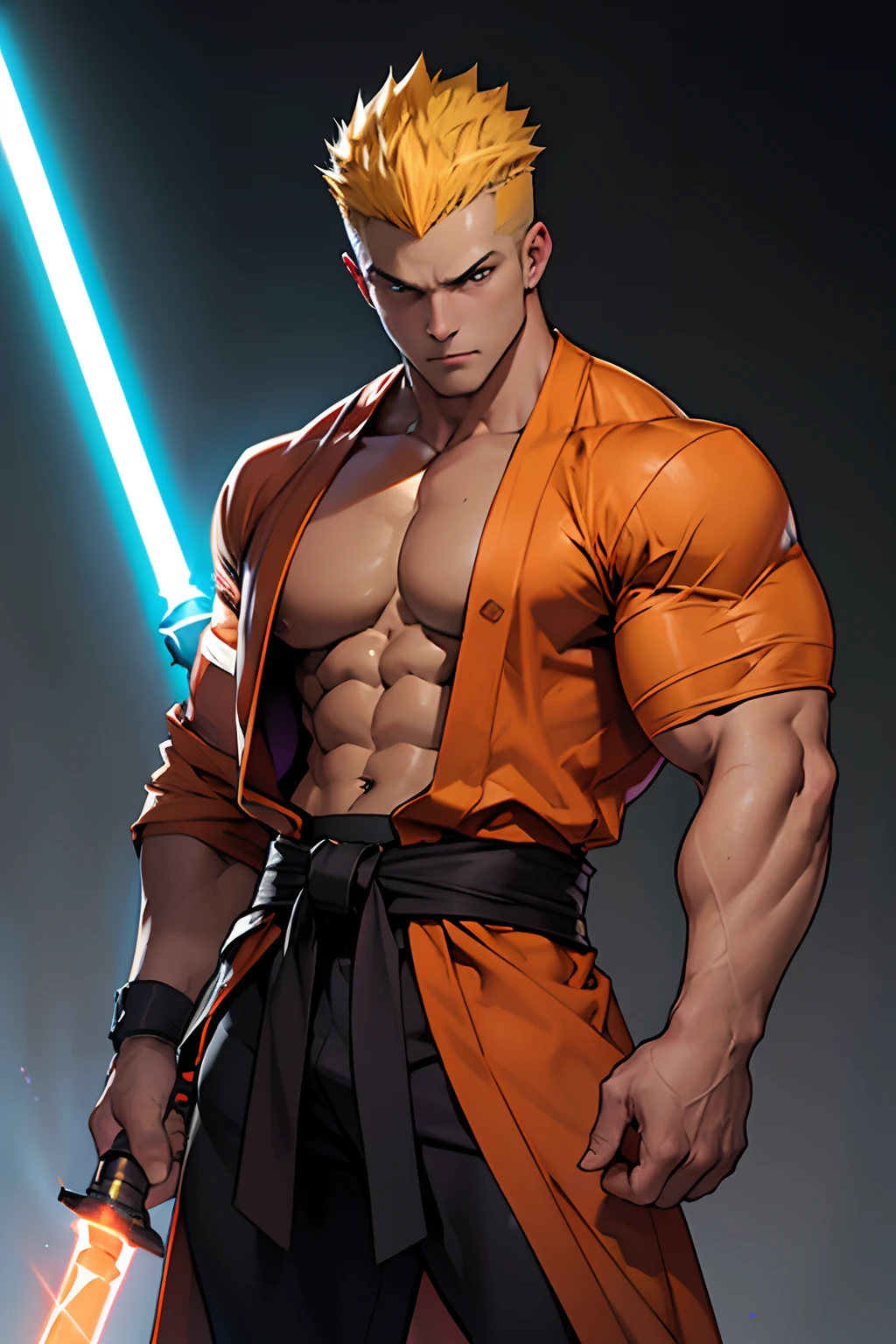 Height 175 cm, the optimal height, orange-yellow spiked hair, dark tight shirt, tight clothing, body full of muscles; ripped abs, V-shaped body, thick waist, long legs, strong arms. Jedi robe,  purple Lightsaber