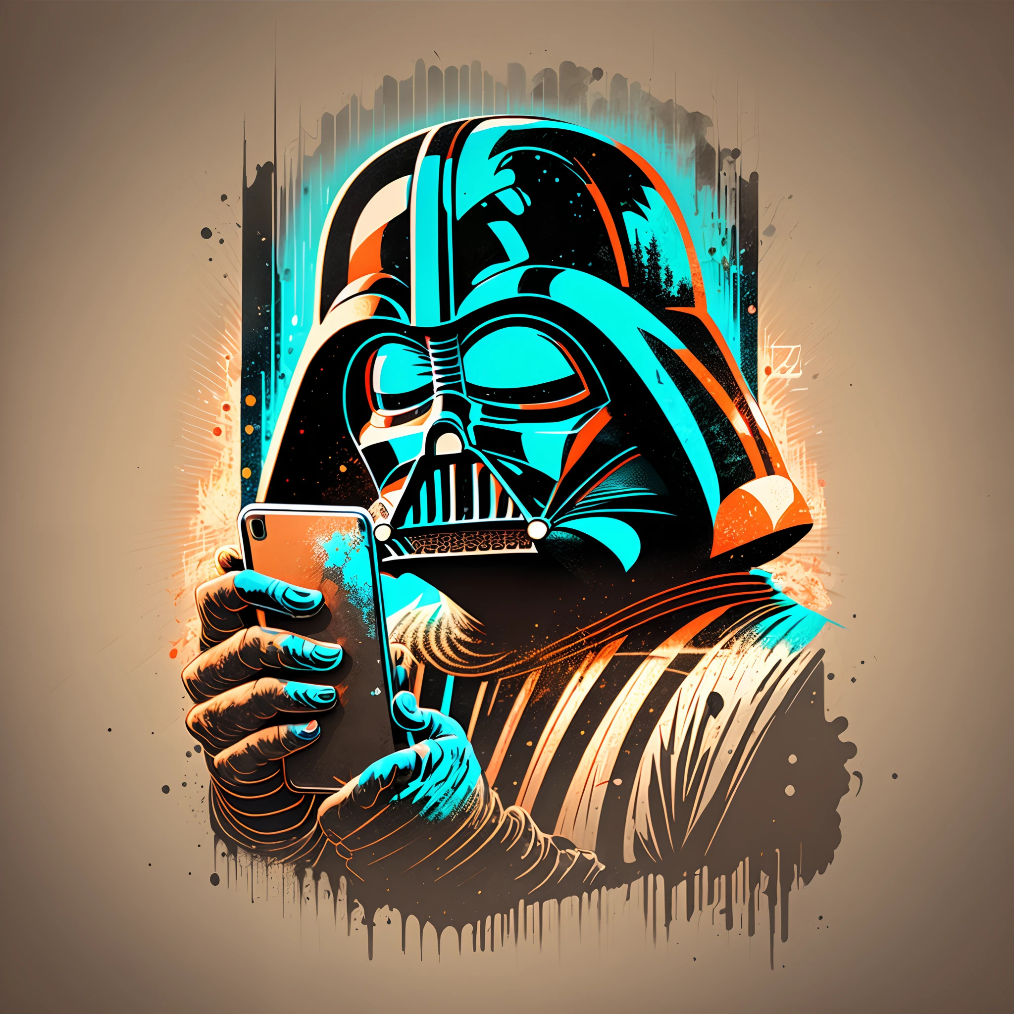 illustration logo style of darth vader, holding a smart phone, grunge style, splashes, high definition, fine details, pro vector, bright colors, negative space --auto --s2