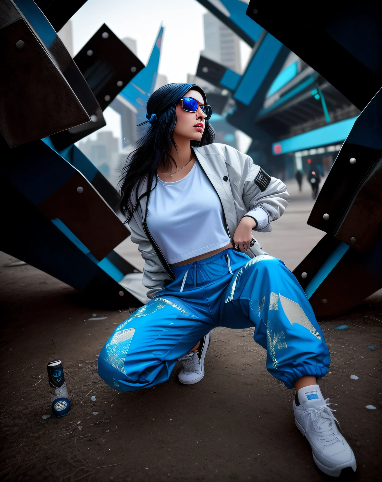 araffe sitting on the ground in front of a sculpture of a woman, blue pants, cyberpunk style outfit, cinematic outfit photo, wearing atompunk jumpsuit, cargo pants. cyberpunk city, stylish pose, photograph of a techwear woman, blue outfit, wearing space techwear, in a post apocalyptic setting, she is wearing streetwear, outfit photo, casual photography