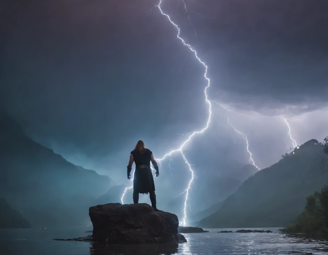 a person standing in the middle of a body of water, an epic scene reminiscent of zeus, with elden ring cinematic lighting, vibrant and colorful lightning effects, cinematic atmosphere, inspired by fabian wagner cinematography, resembling the epic light scenes in "tron legacy," and featuring stunning moody cinematography. this could be a still frame from a movie or a music video with a metahuman character in the lead role, captured in cinematic cgsociety style, showcasing the dramatic use of cinematic lightning and colors.