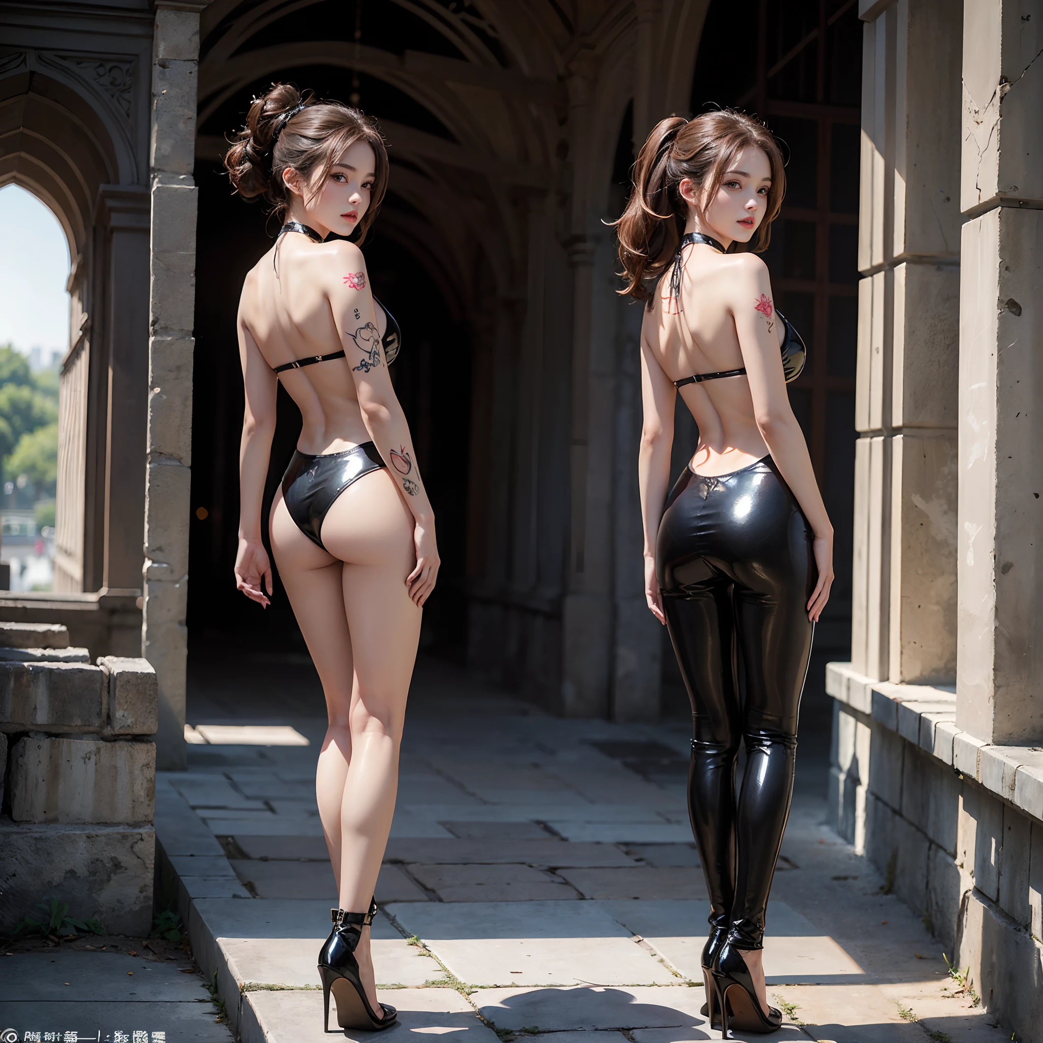 ((masterpiece:1.4)、(top-quality:1.4)、(reallistic:1.7))、a beauty girl、Super sexy girl、Super beautiful girl、((1girl in:1.4))、Shiny natural skin texture、Glossy luxury latex、Luxury Latex Bodysuit、Very revealing sexy outfits、By Luis Royo、age19、Super Ultra Ultra Bikini、(Cute tattoos:1.4)、(standingn)、(full body Esbian:1.4)、(Looking Back Beauty:1.4)、(Two arms:1.4、Two legs:1.4)、(perfect anatomia:1.4)、(Perfect female body:1.4)、Portrait photo of a girl、Soft front light、beautiful countenance、kawaii faces、Beautiful udder、Colossal tits、Beautiful ass、A detailed eye、Draw eyes clearly and beautifully、beautidful eyes、Narrow waist、Raw photo、red-lips、Red high heels、Long hair keeps together in a cool way、poneyTail、a choker、a necklace、耳Nipple Ring、1 screen display、Beautiful girl standing on the ruins of an ancient city