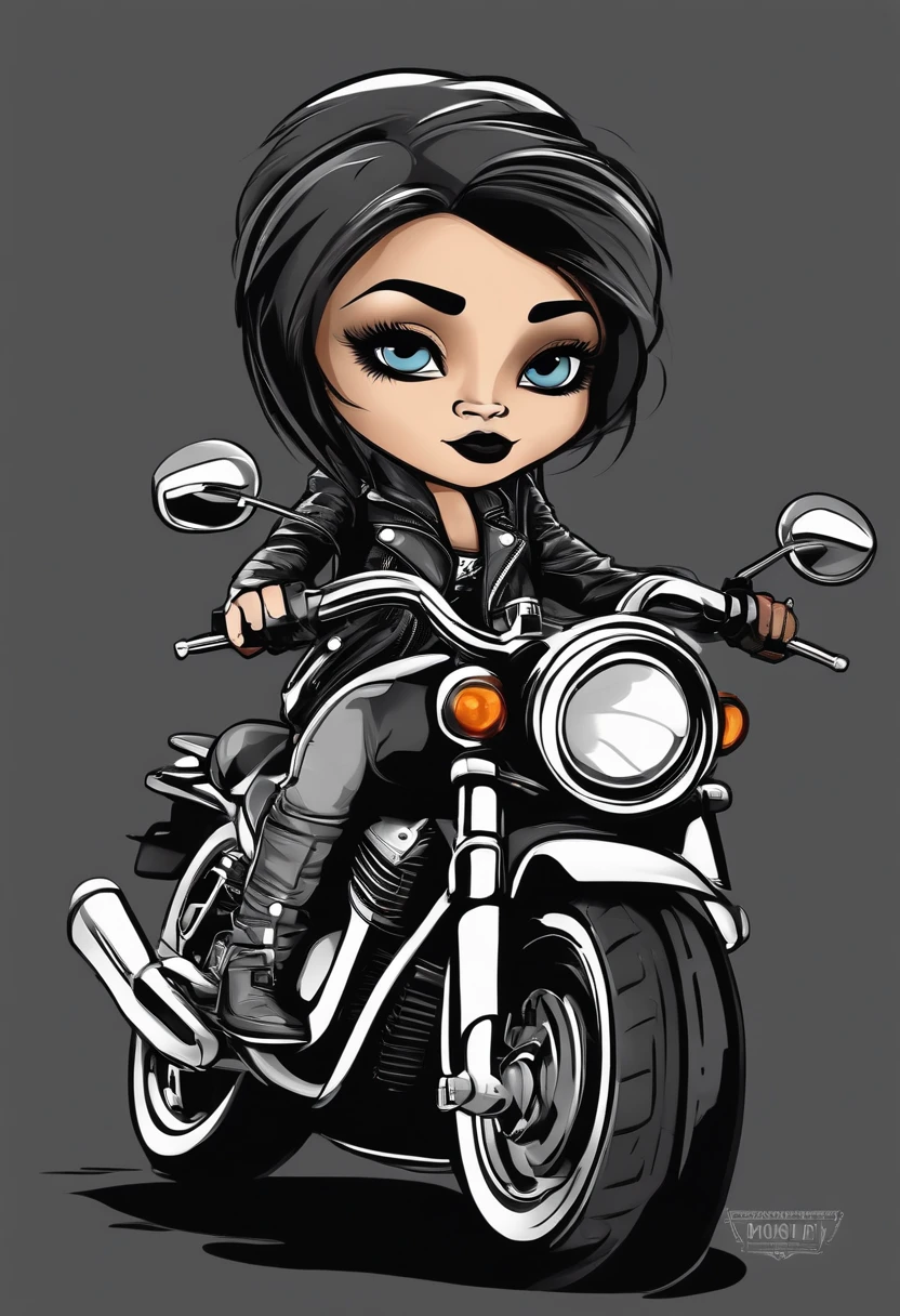 vector t shirt art ready to print black and white, graffiti style, full body, chibi, biker girl wearing a leather blck jacket , driving a motorcycle, white background