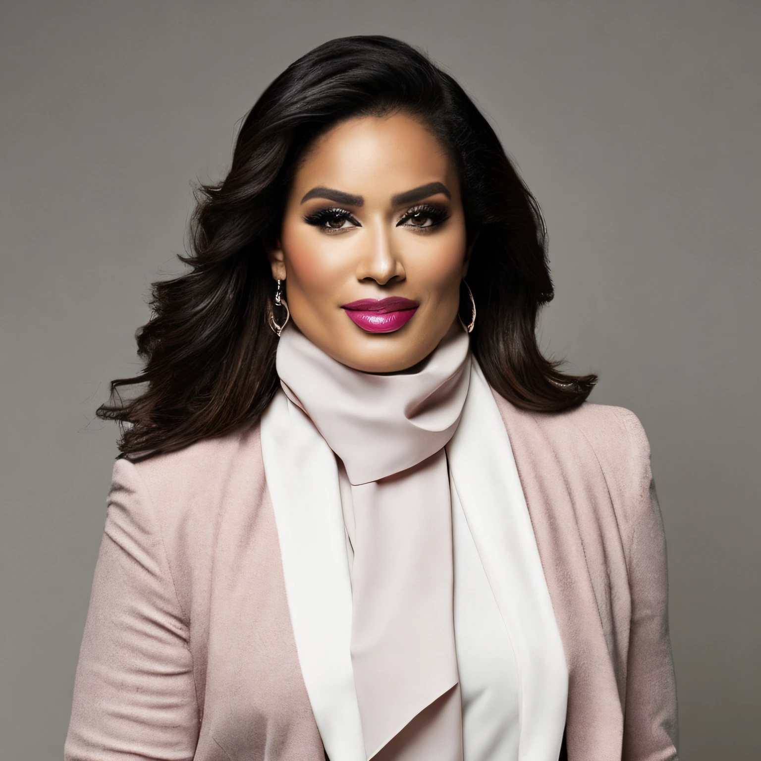 Generates the image of a woman from afar where she can see her entire body, beautiful, elegant and sophisticated body with medium curves. she is young, she is 33 years old. she wears a white turtleneck blouse and beige pants and pink blazer, with high heels. The woman has medium length wavy black hair. she must have her mouth shut. she is in a photo studio, with a gray background. Manicured and realistic hands.