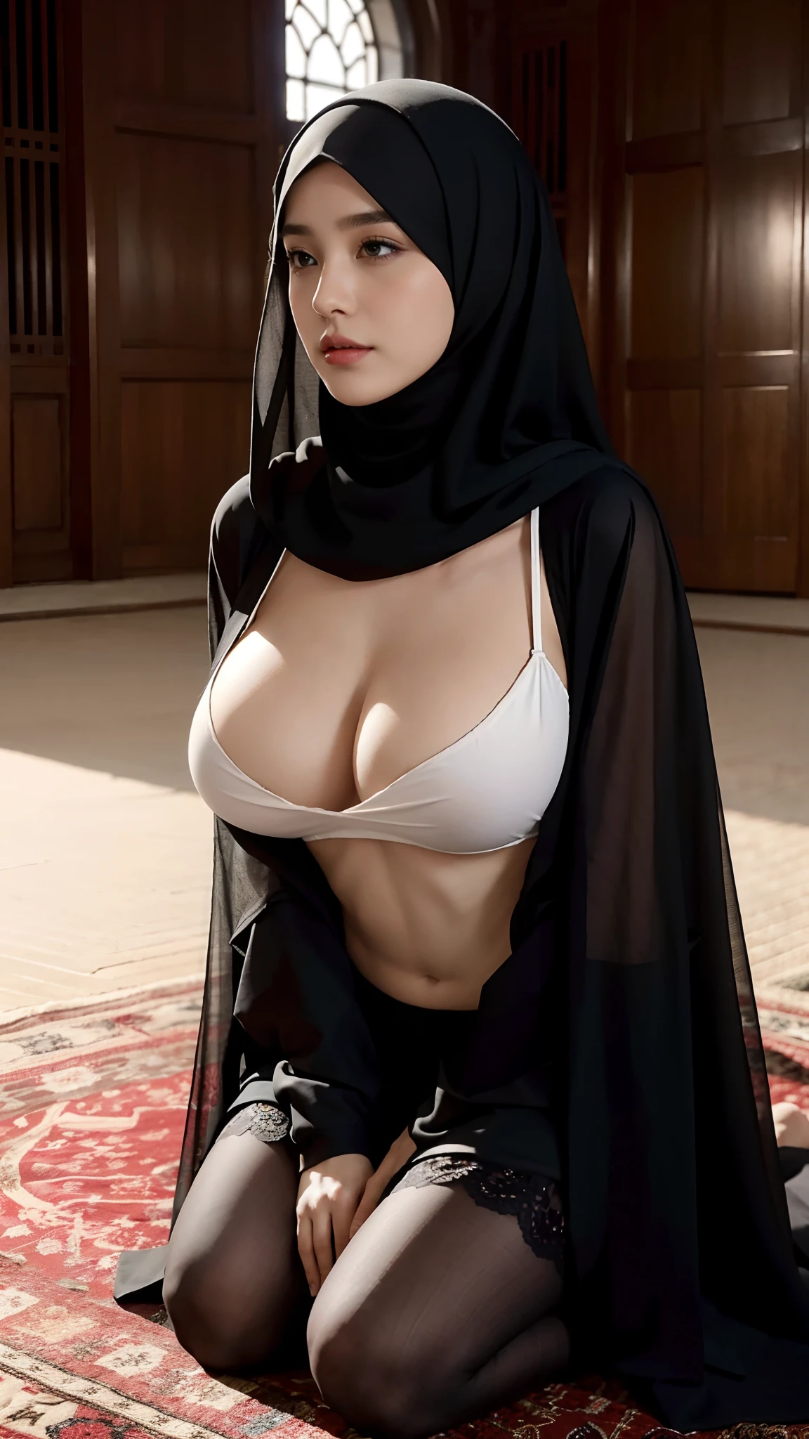 （big underboob，Tomboyish,small head)，(Well-defined abs: 1.1), (perfect bodies: 1.1),(short-length straighthair: 1.2), Black hair,attractive collarbone，（极其细致的CG 8k壁纸），（Extremely refined and beautiful），（tmasterpiece），（best qualtiy：1.0），（超高分辨率：1.0），upper body photos，[A high resolution]，Smooth and flawless fair skin，ultra - detailed ，two beautiful girls，Embrace each other，Elongated legs，(huge breasts:1.5)，big chest，well-rounded figure，Wearing an Arabic headscarf and veil，Face obscured by black veil，Gorgeous abaya，no bra，，Black suspender stockings，barefoot，in front of a large mosque，Kneeling upright on the ground，from front，Close-up， in meditation，kindly