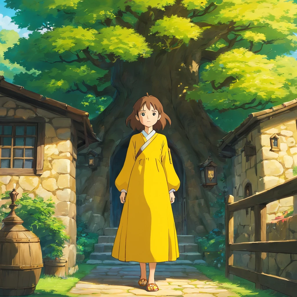 garota, casa medieval, vestido, amarelo, tree, horizonte, audacity